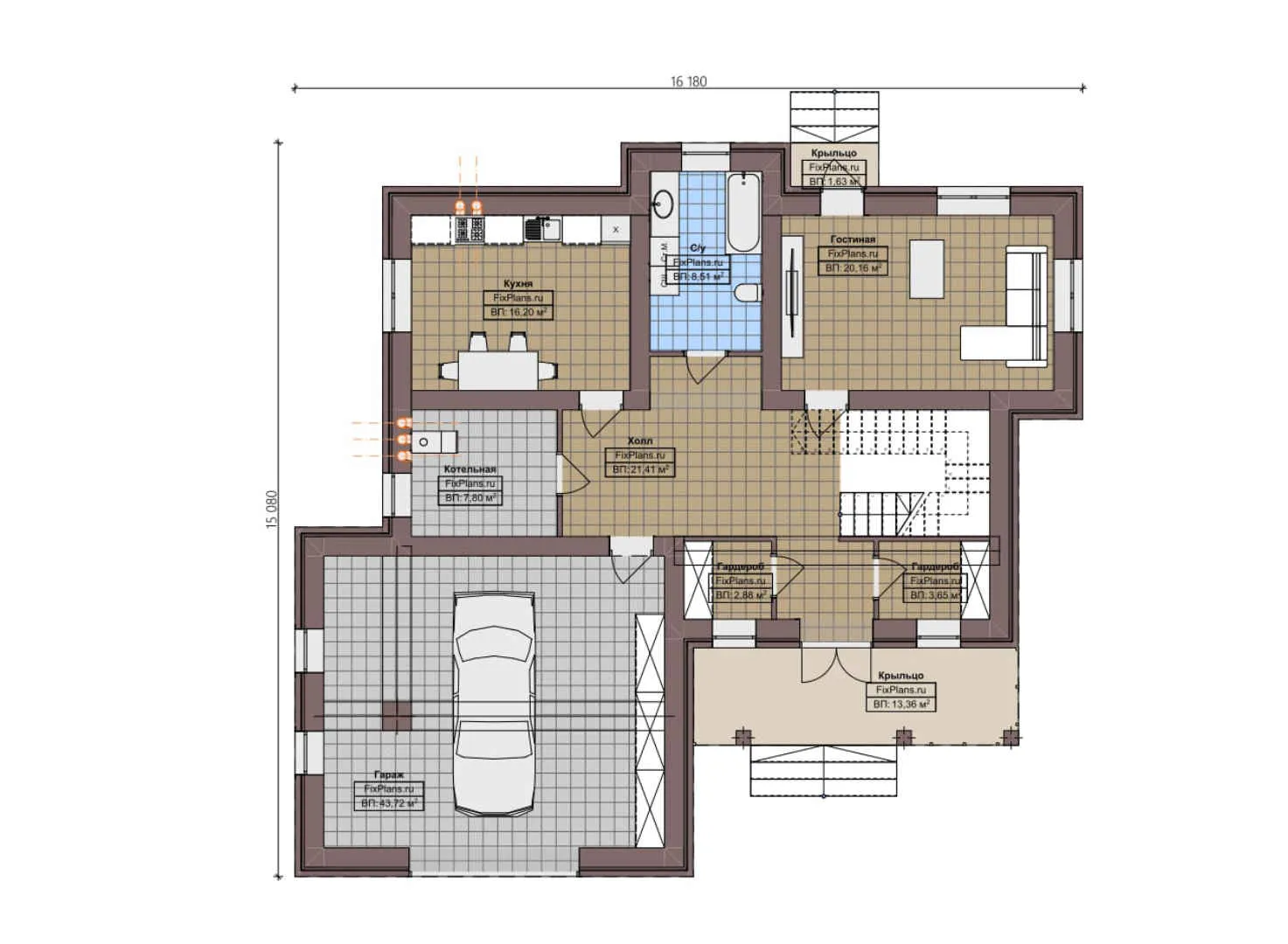 F-4481 - Планы двухэтажного дома 16 на 17, площадью 240 м² с балконом, гаражом на 2 машины и 3 спальнями