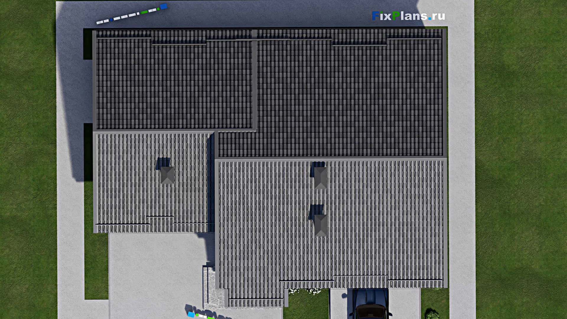 F-9035 - Проект одноэтажного дома 15 на 18, площадью 180 м² с террасой, гаражом на 1 машину и 3 спальнями