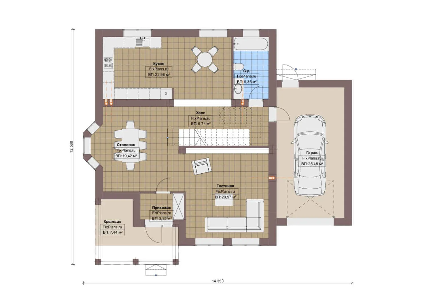 F-20222 - Планы дома с мансардой 13 на 15, площадью 220 м² с гаражом на 1 машину и 3 спальнями