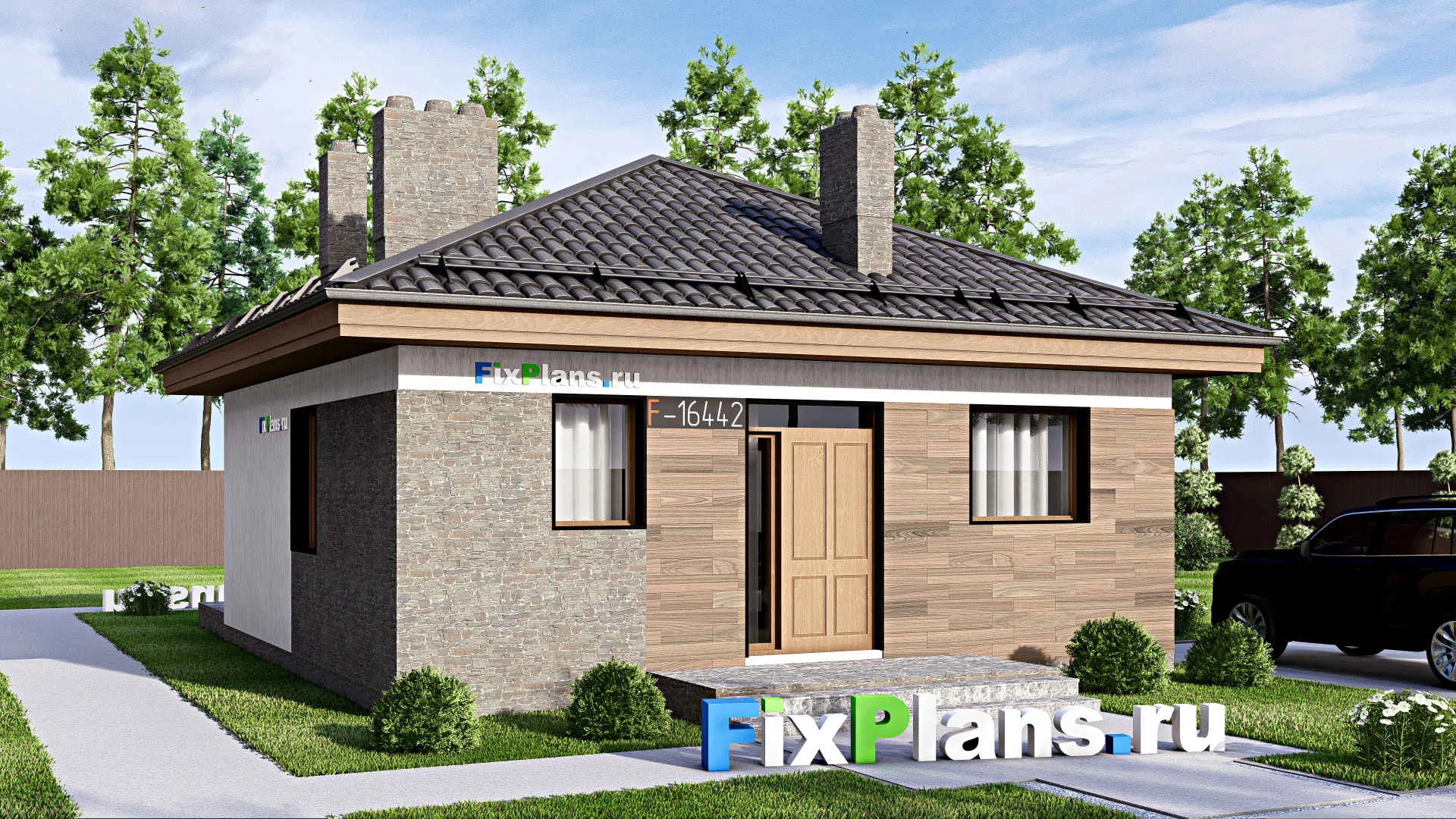 F-16442 - Проект одноэтажного дома 9 на 15, площадью 90 м² с террасой и 1 спальнями