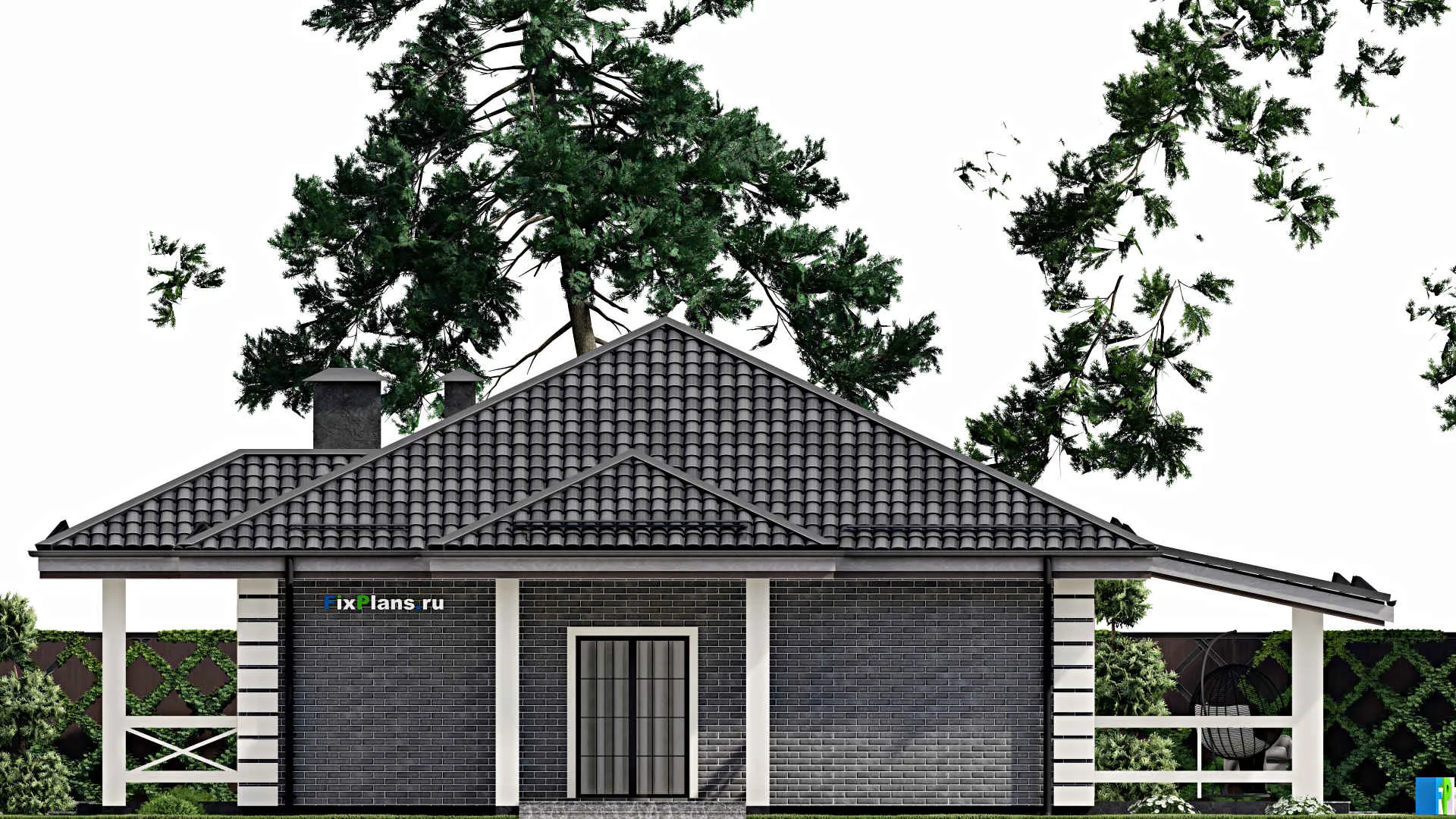 F-7154 - План одноэтажного дома 11 на 17, площадью 200 м² с террасой и 4 спальнями