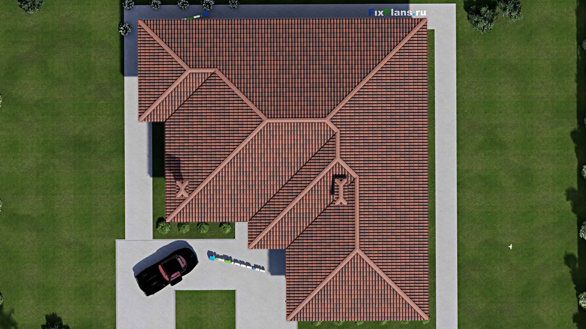 F-8261 - План одноэтажного дома 19 на 20, площадью 230 м² с террасой, гаражом на 2 машины и 3 спальнями