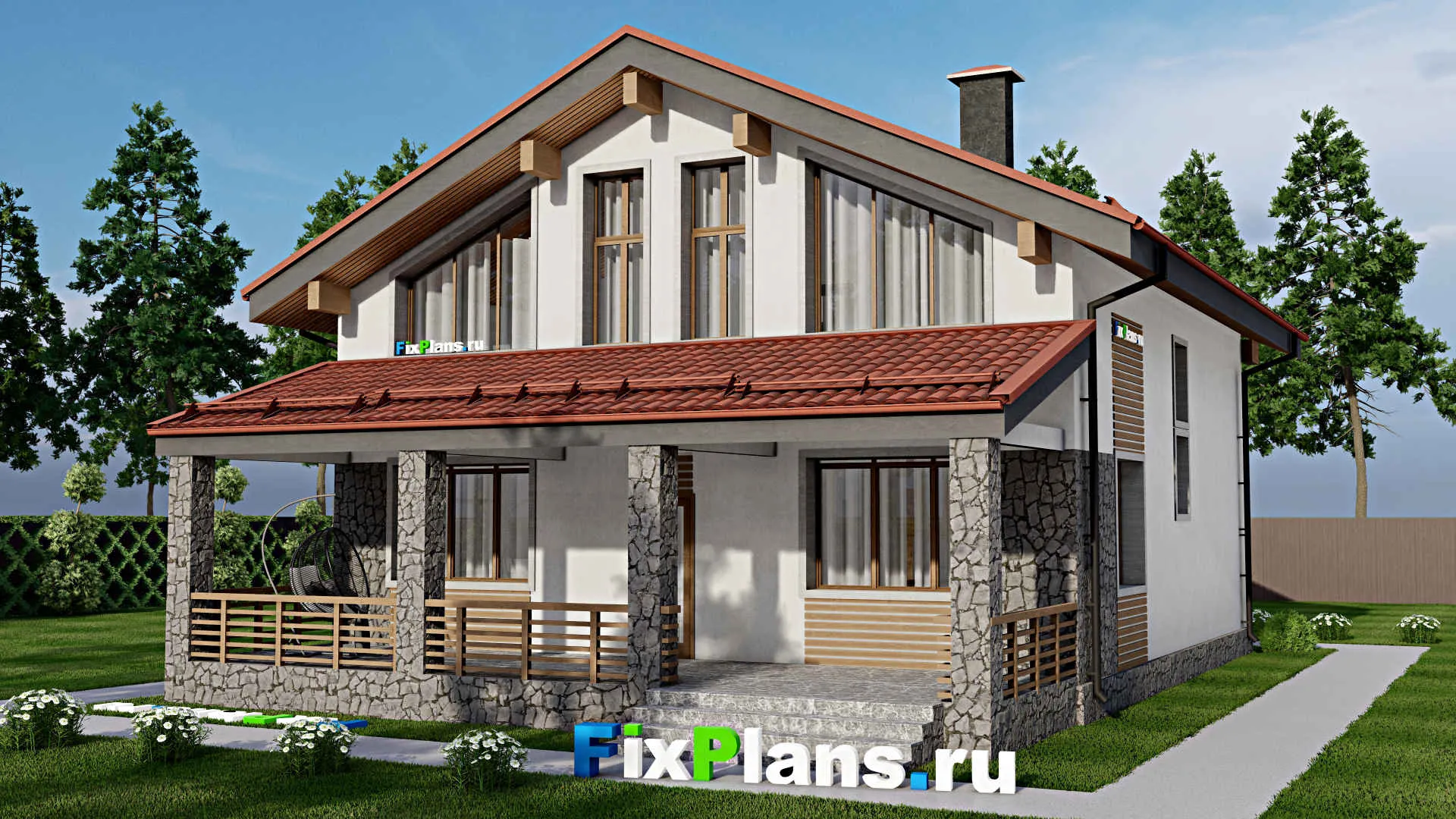 F-6425 - Проект дома с мансардой 11 на 16, площадью 220 м² с террасой и 5 спальнями