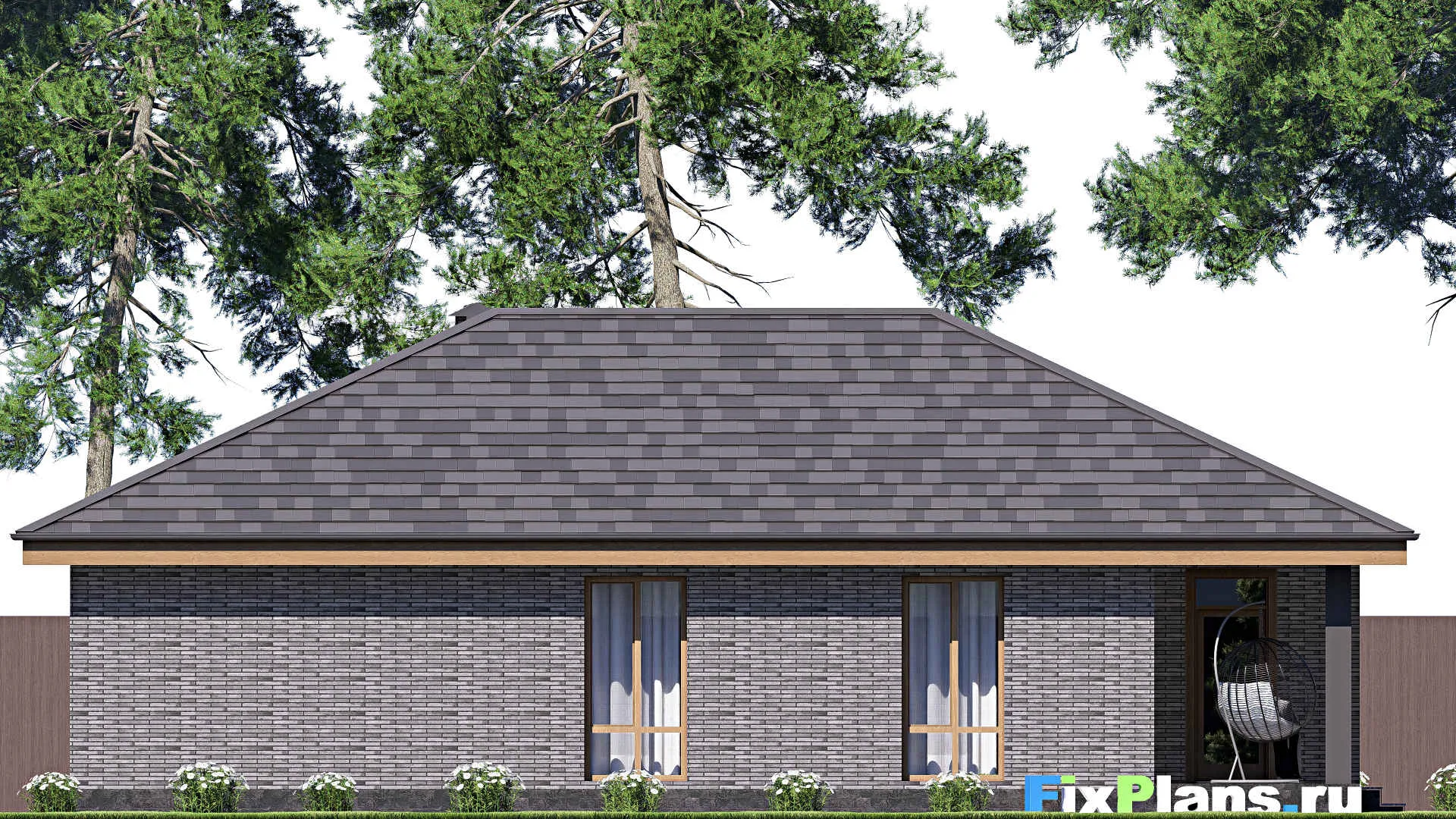 F-19187 - Проект одноэтажного дома 13 на 16, площадью 140 м² с террасой, гаражом на 2 машины и 2 спальнями