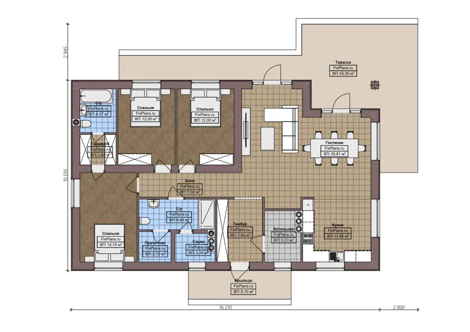 F-3149 - План одноэтажного дома 11 на 17, площадью 180 м² с террасой, баней и 3 спальнями