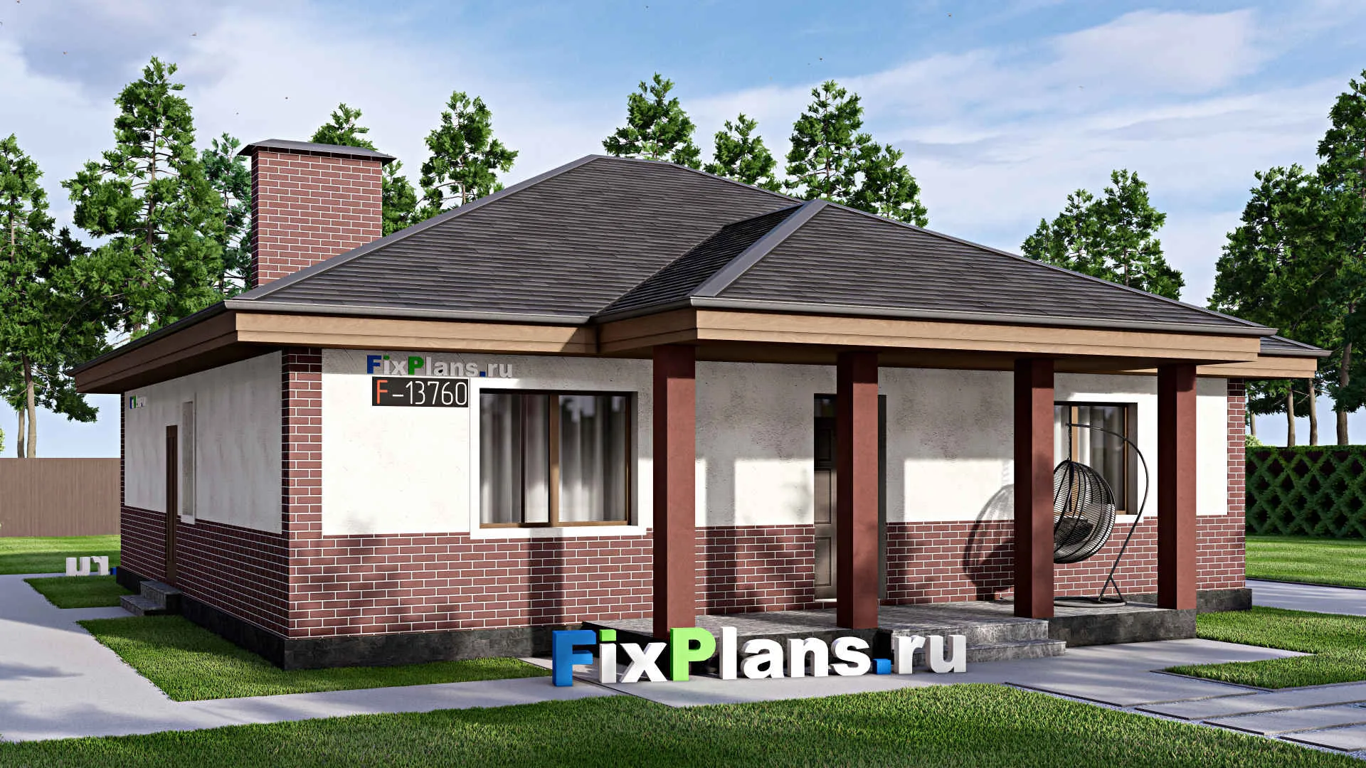 F-13760 - Проект одноэтажного дома 13 на 14, площадью 130 м² с террасой и 3 спальнями
