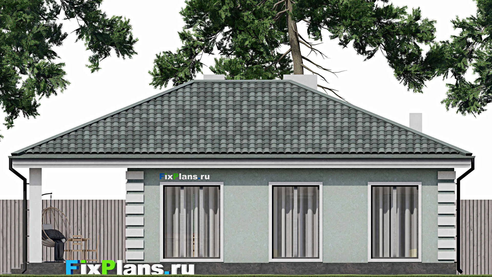 F-1187 - Проект одноэтажного дома 10 на 10, площадью 120 м² с террасой и 3 спальнями