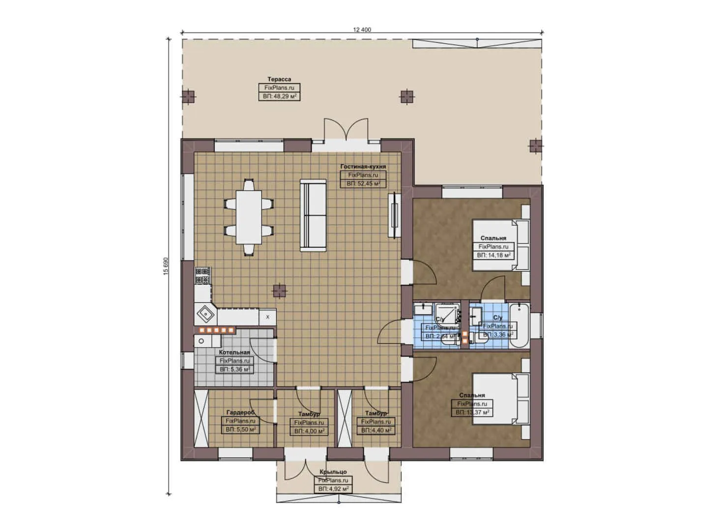 F-10394 - План одноэтажного дома 13 на 16, площадью 160 м² с 2 спальнями