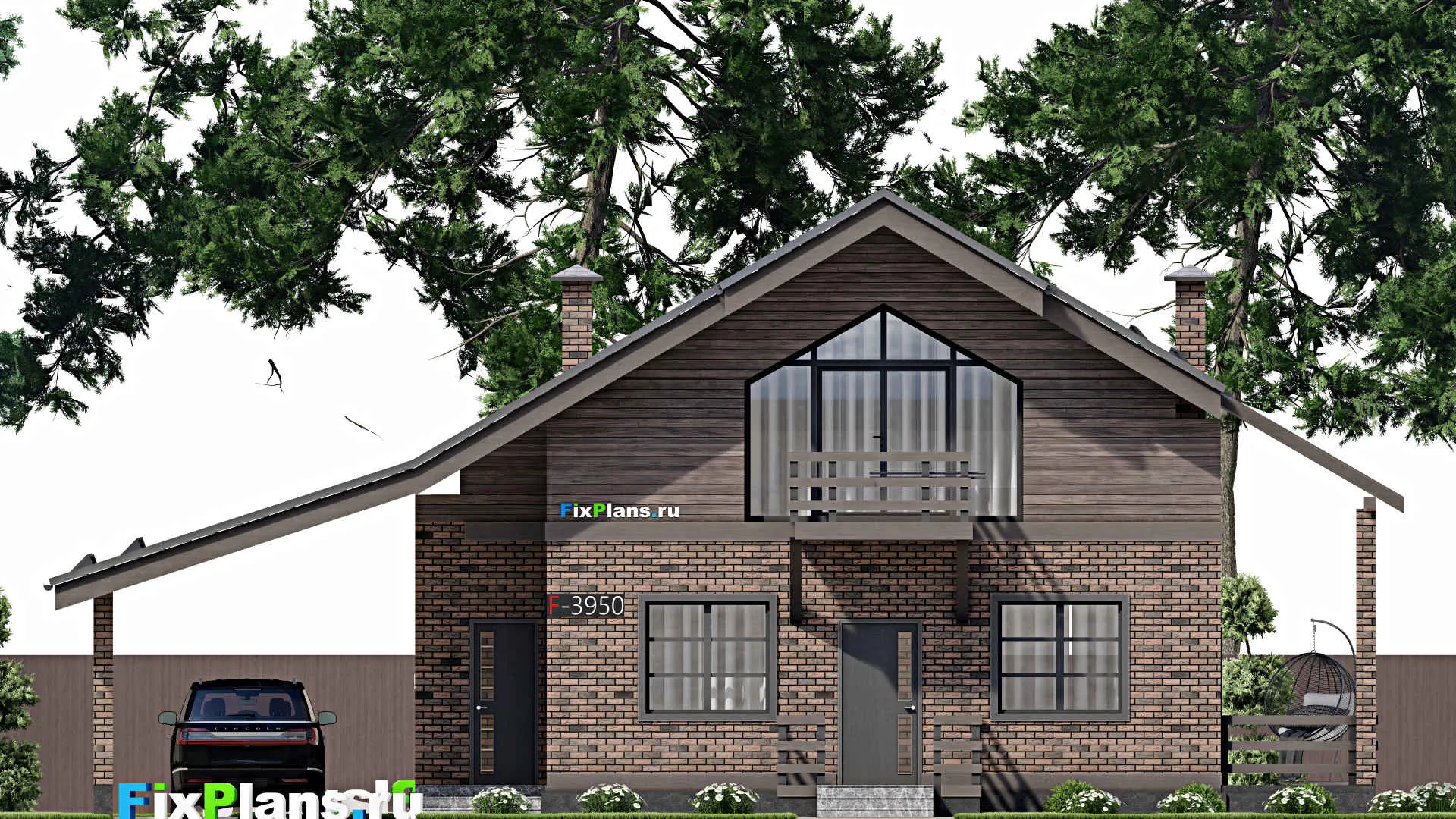 F-3950 - Проект дома с мансардой 10 на 11, площадью 140 м² с террасой, балконом, навесом для машины и 3 спальнями
