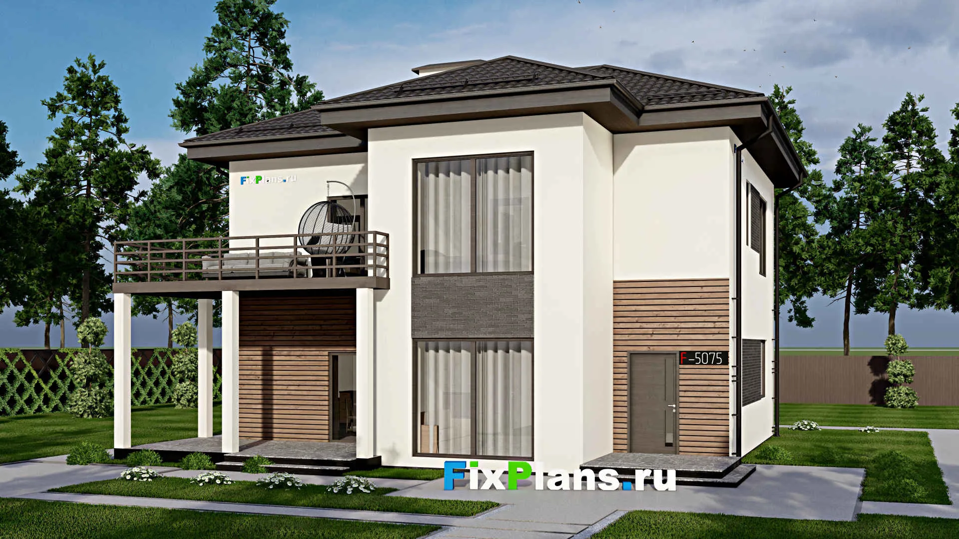 F-5075 - Проект двухэтажного дома 12 на 12, площадью 200 м² с террасой, балконом и 4 спальнями
