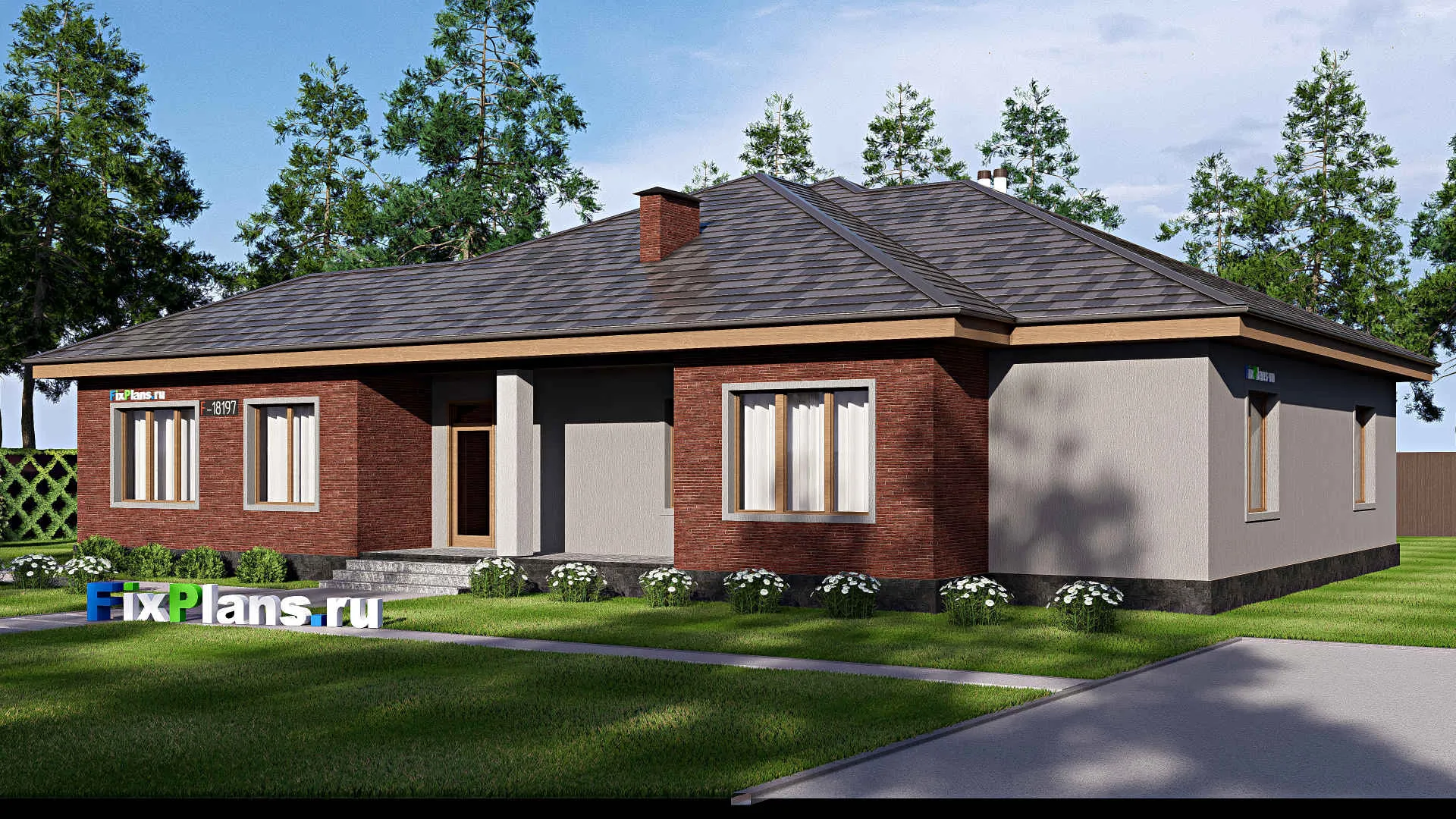 F-18197 - Проект одноэтажного дома 17 на 21, площадью 250 м² с террасой и 5 спальнями