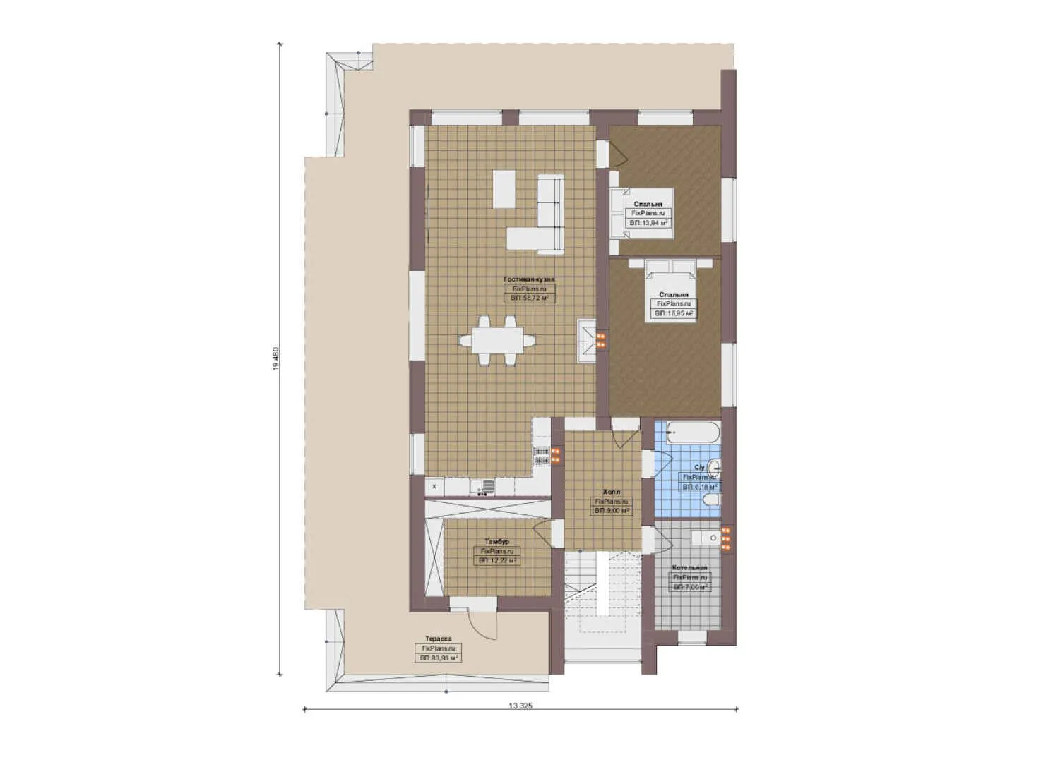 F-14822 - Планы двухэтажного дома 13 на 19, площадью 400 м² с террасой, балконом и 5 спальнями
