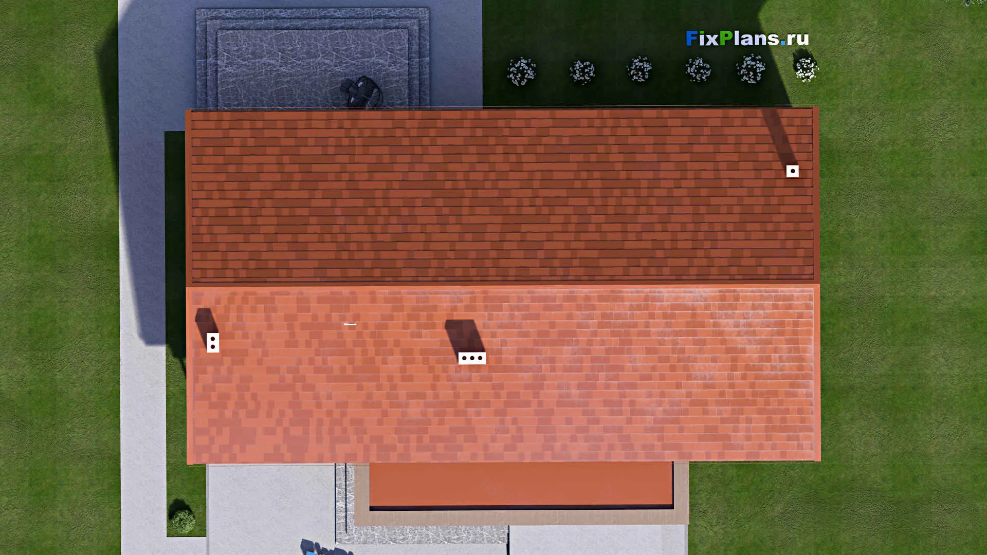 F-16631 - План одноэтажного дома 17 на 20, площадью 370 м² с террасой, гаражом на 2 машины и 3 спальнями