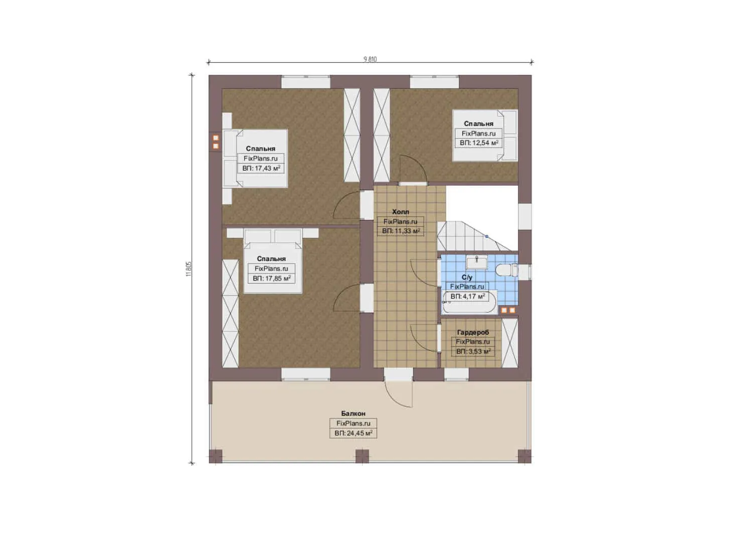 F-12464 - Планы дома с мансардой 12 на 13, площадью 210 м² с балконом, баней и 3 спальнями