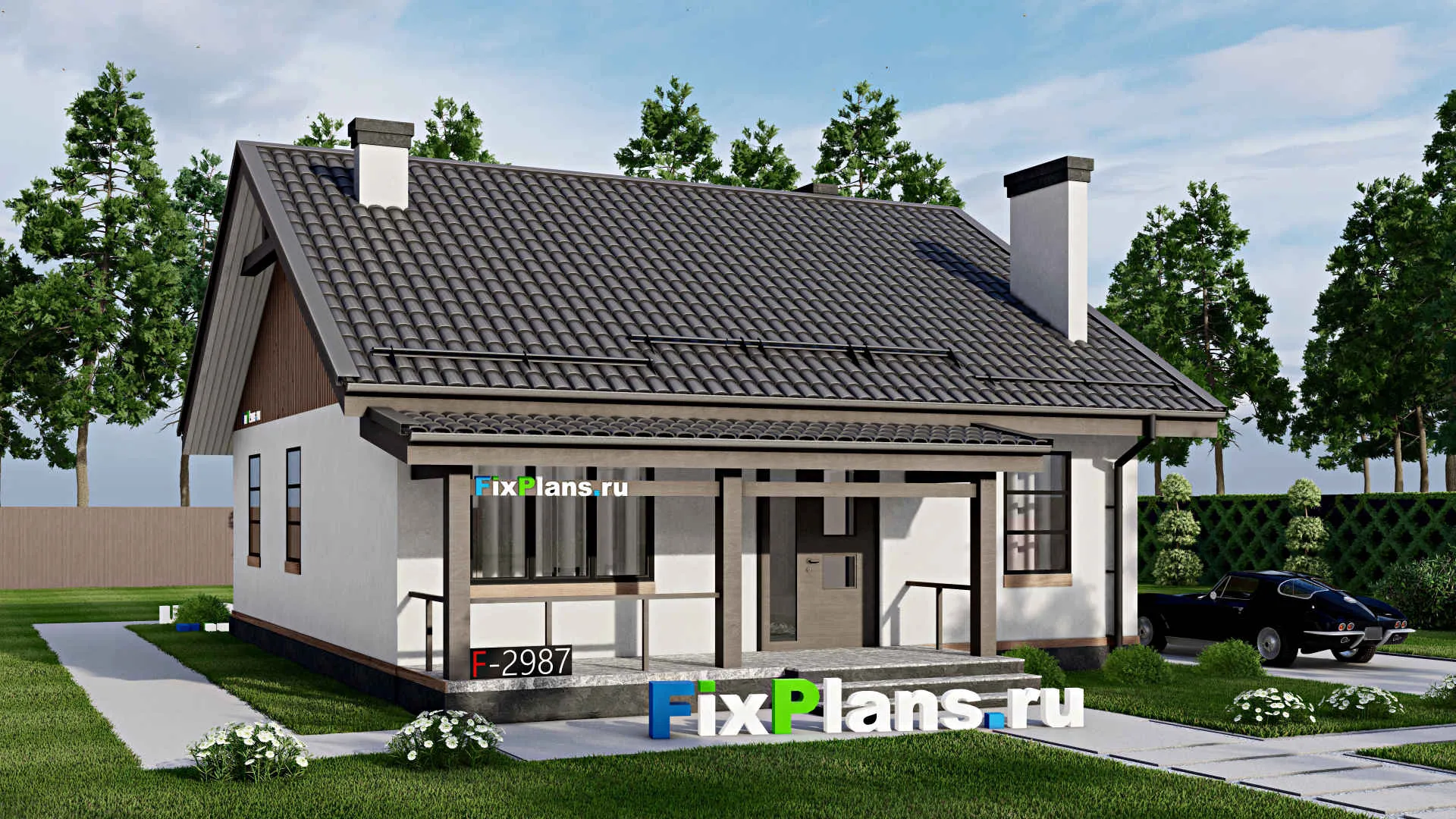 F-2987 - Проект одноэтажного дома 10 на 11, площадью 90 м² с террасой и 2 спальнями