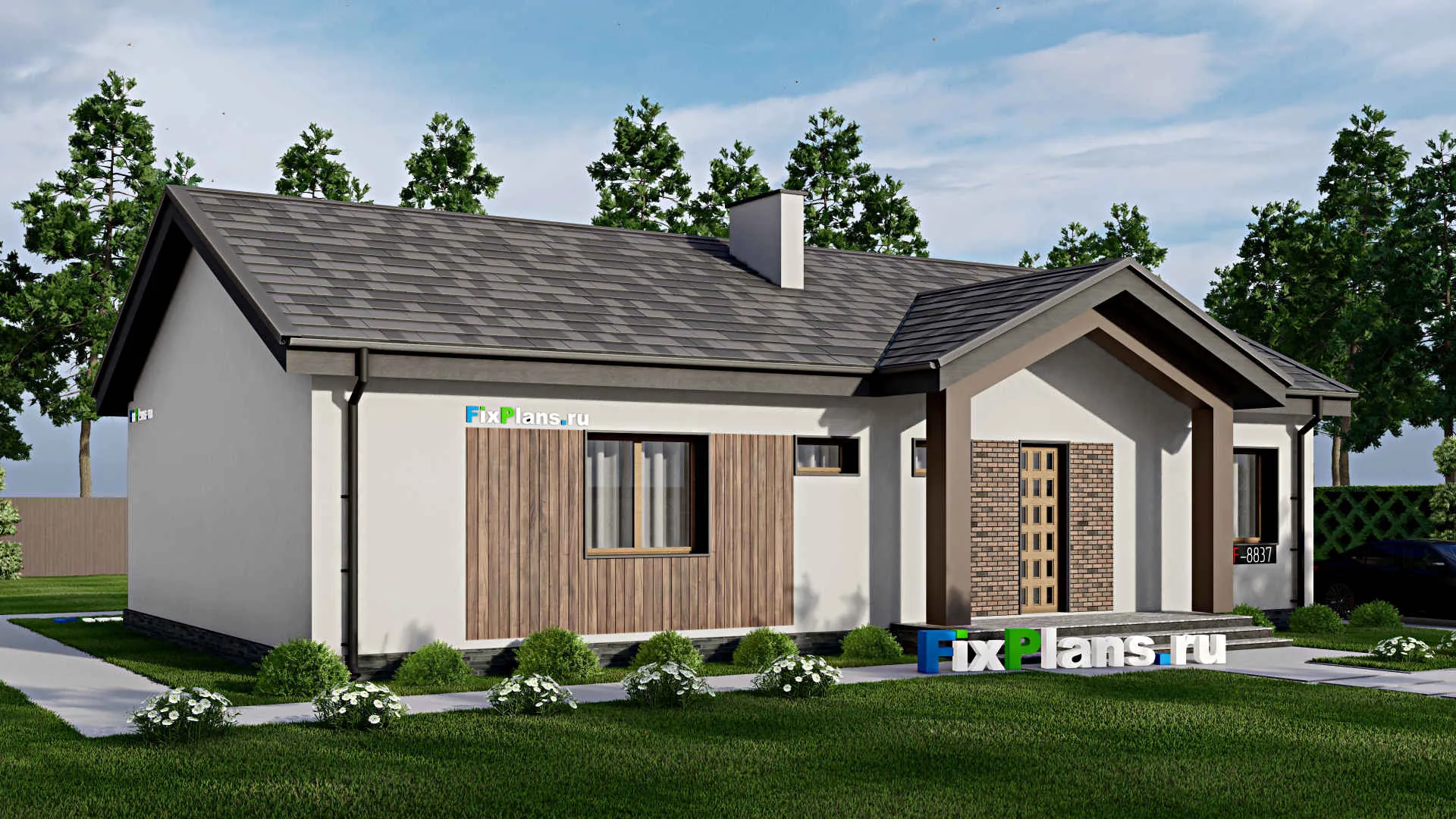 F-8837 - Проект одноэтажного дома 11 на 19, площадью 140 м² с террасой и 4 спальнями