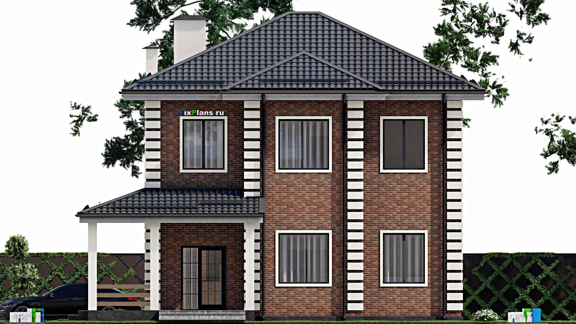 F-4517 - Планы двухэтажного дома 11 на 11, площадью 200 м² с террасой и 4 спальнями