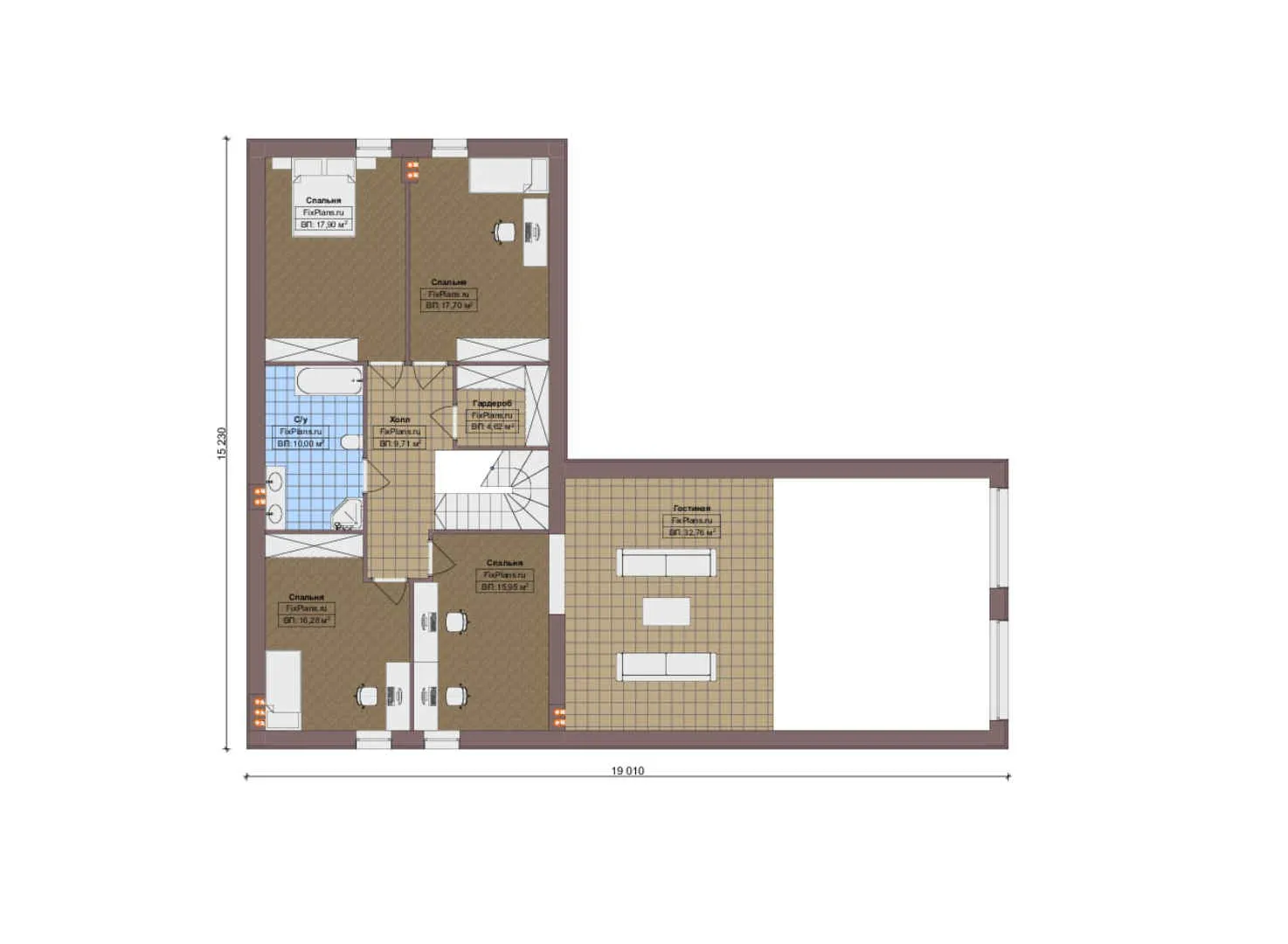 F-16514 - Планы дома с мансардой 17 на 28, площадью 410 м² с 6 спальнями