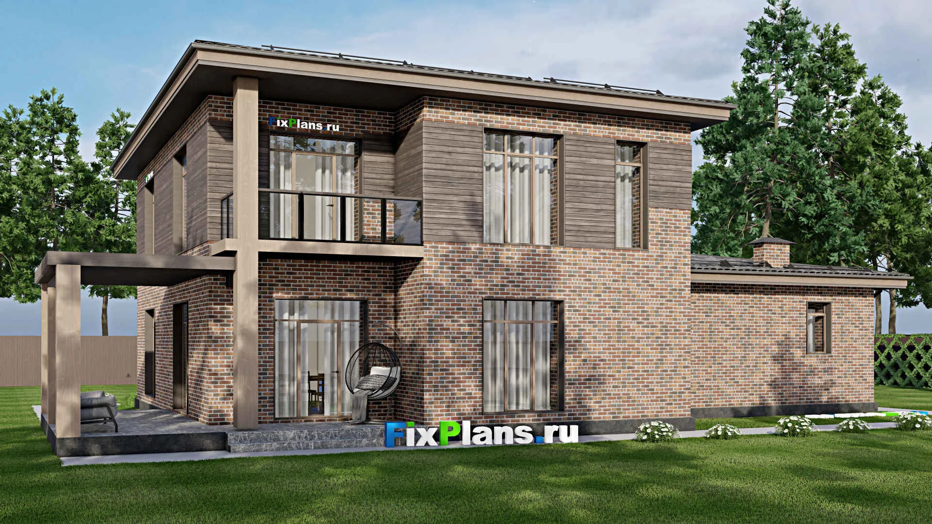 F-6785 - Планы двухэтажного дома 15 на 23, площадью 330 м² с террасой, балконом, гаражом на 2 машины и 4 спальнями