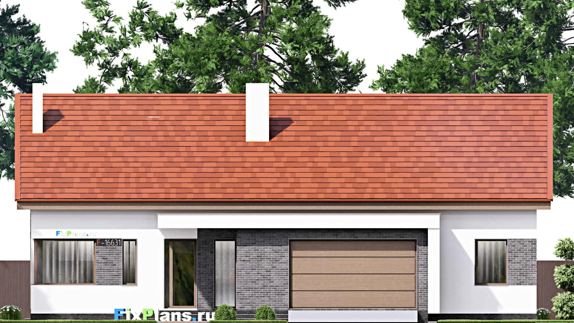 F-16631 - План одноэтажного дома 17 на 20, площадью 370 м² с террасой, гаражом на 2 машины и 3 спальнями