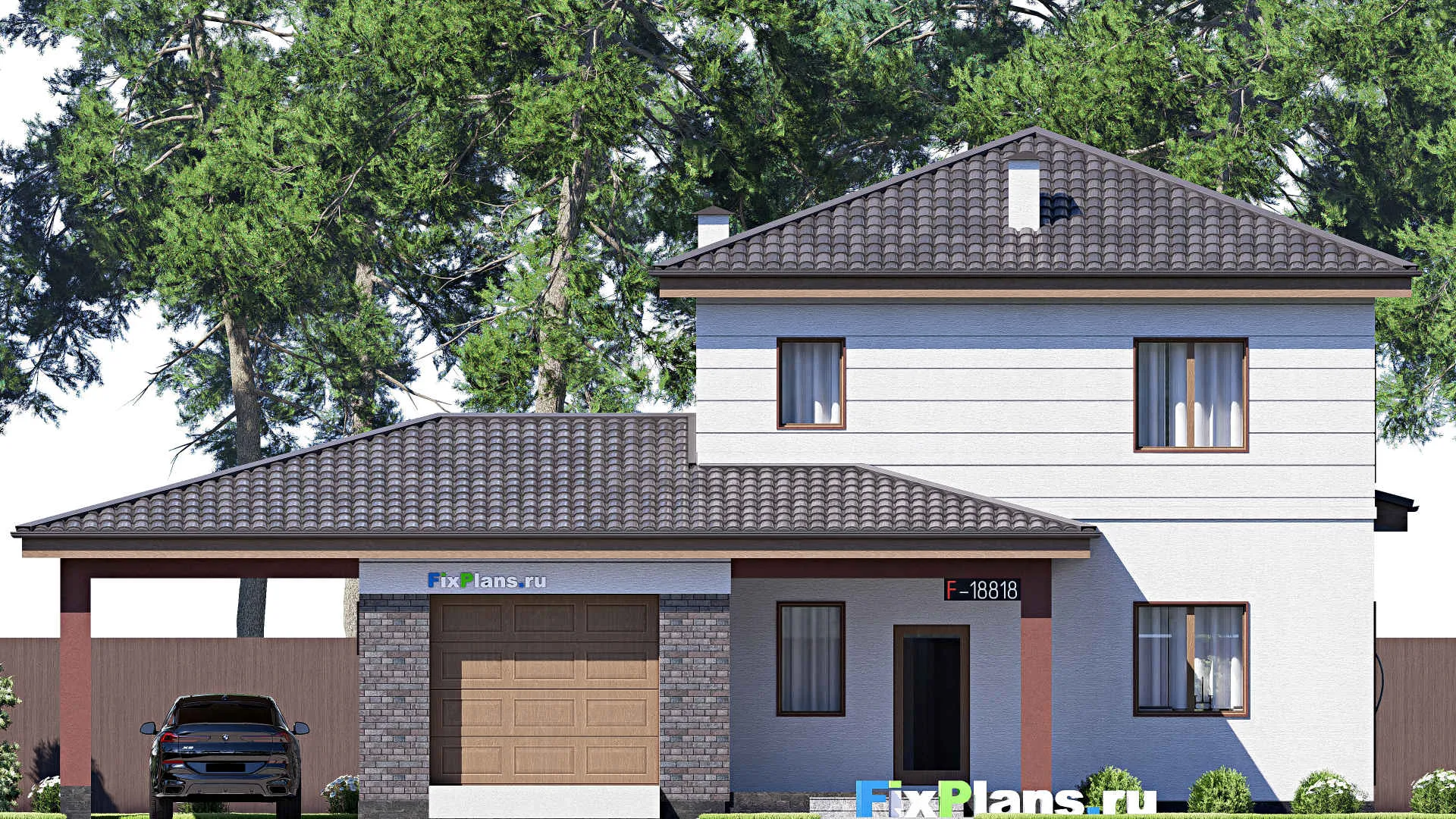 F-18818 - Проект двухэтажного дома 16 на 18, площадью 240 м² с террасой, гаражом на 1 машину и 4 спальнями