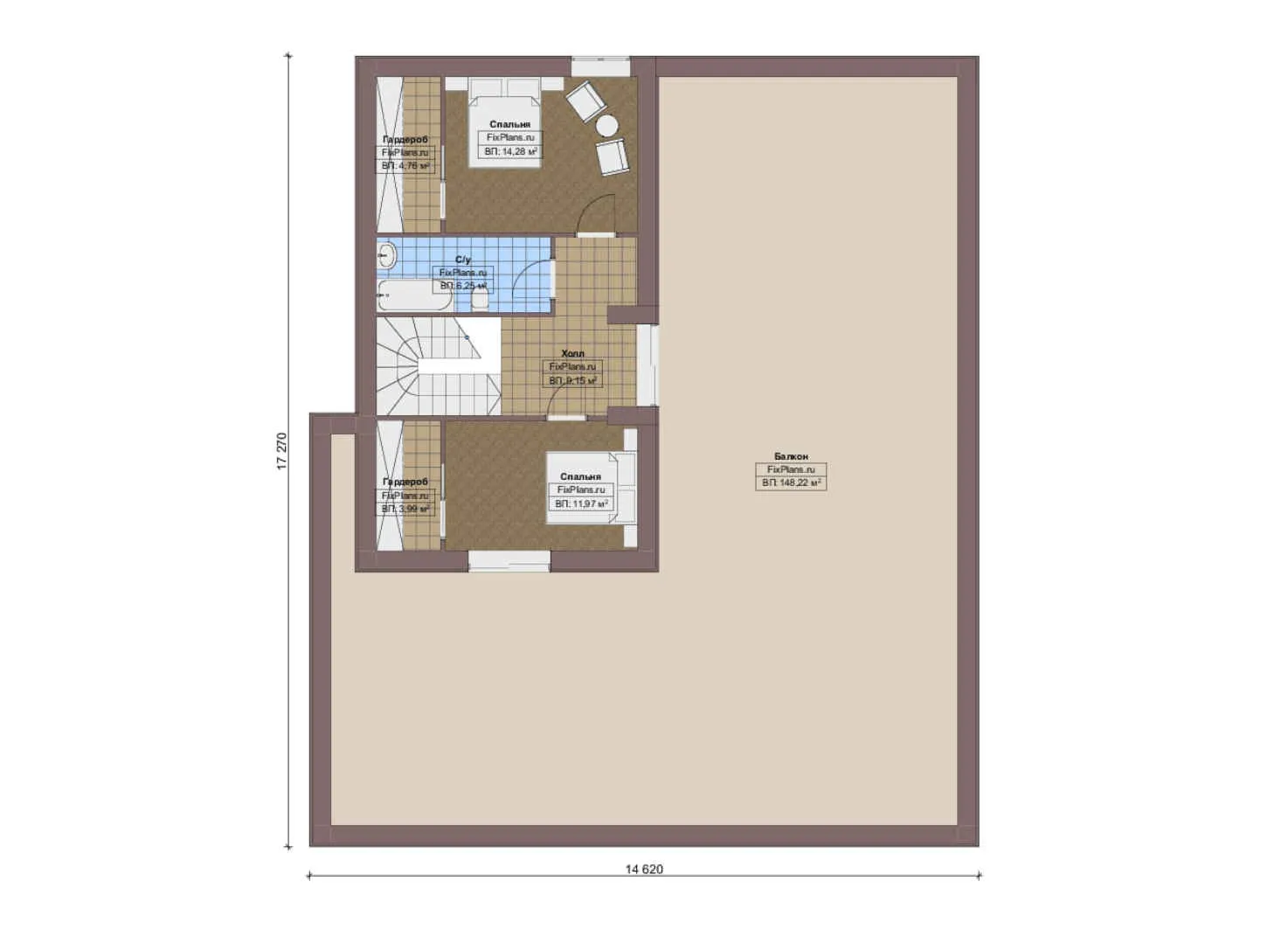 F-16109 - Планы дома с мансардой 15 на 20, площадью 420 м² с террасой, балконом, гаражом на 2 машины и 3 спальнями