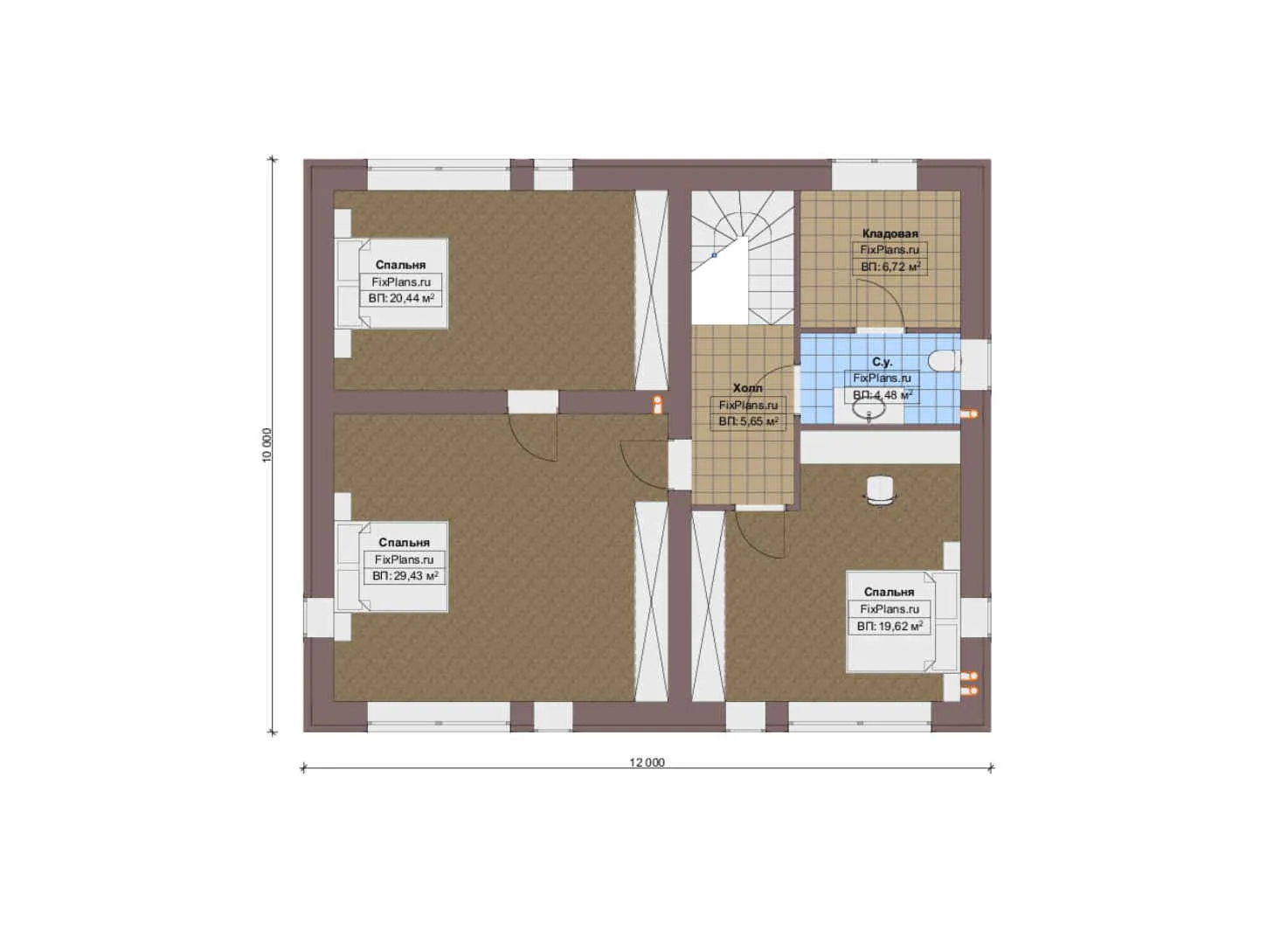 F-19862 - Планы дома с мансардой 12 на 12, площадью 200 м² с террасой и 6 спальнями
