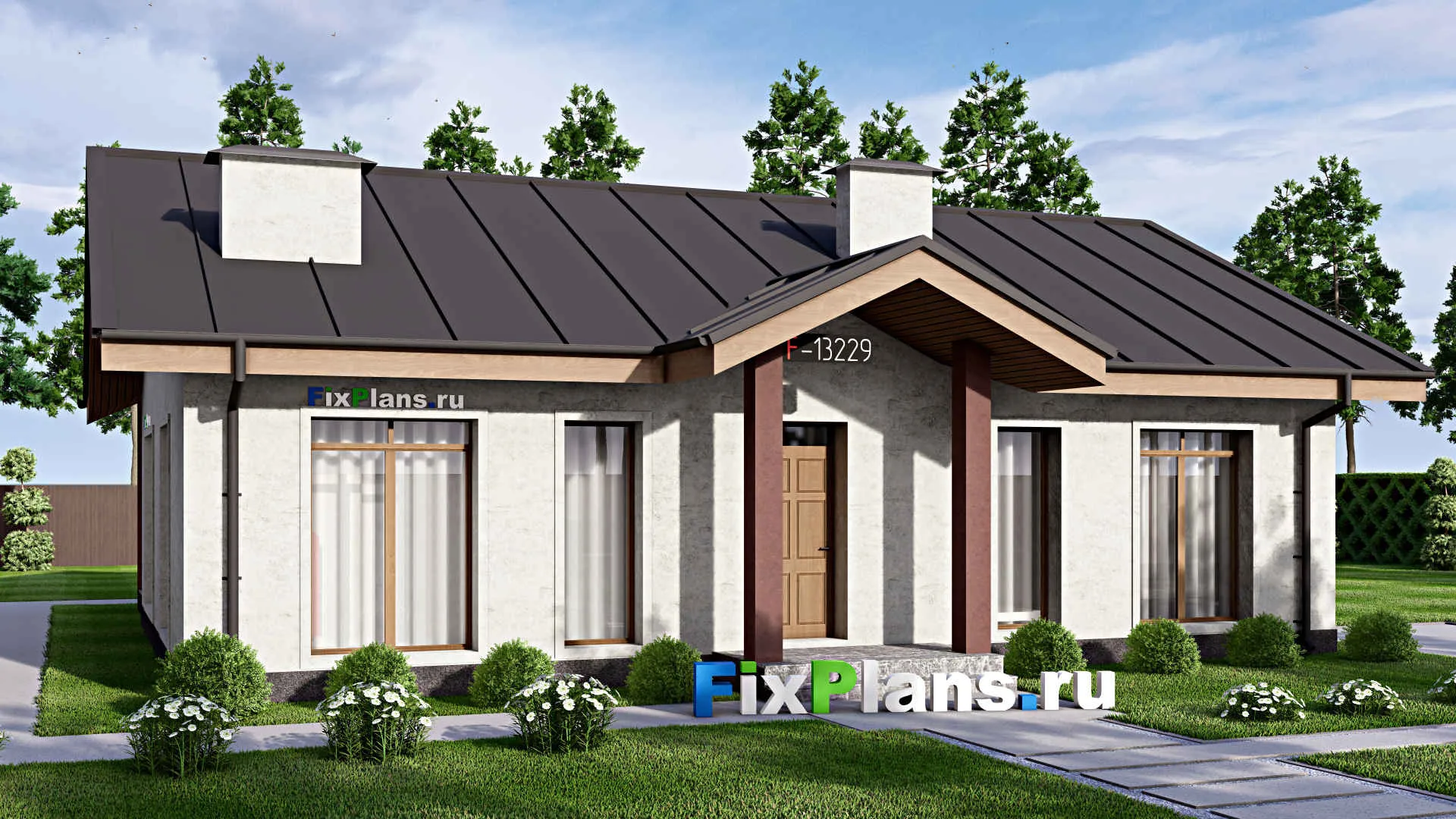 F-13229 - Проект одноэтажного дома 14 на 15, площадью 130 м² с террасой и 3 спальнями