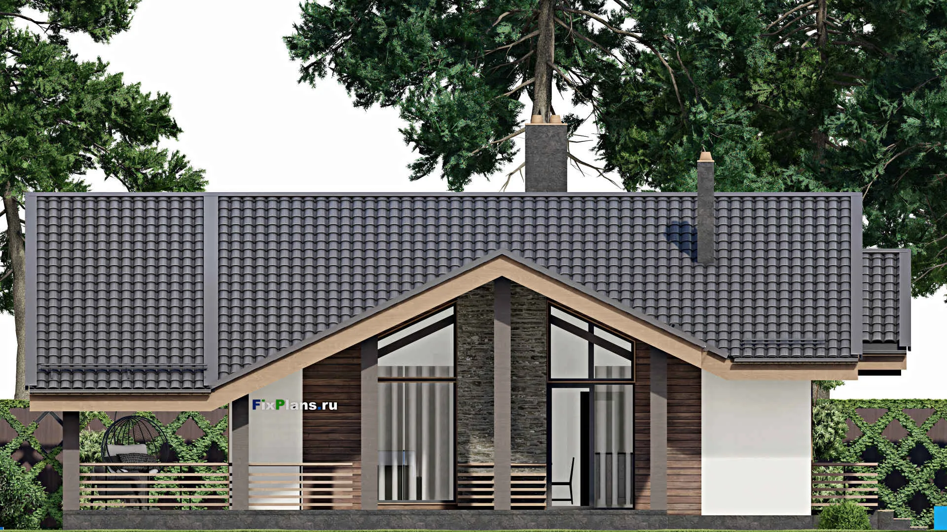 F-5174 - План одноэтажного дома 11 на 11, площадью 140 м² с террасой и 1 спальнями