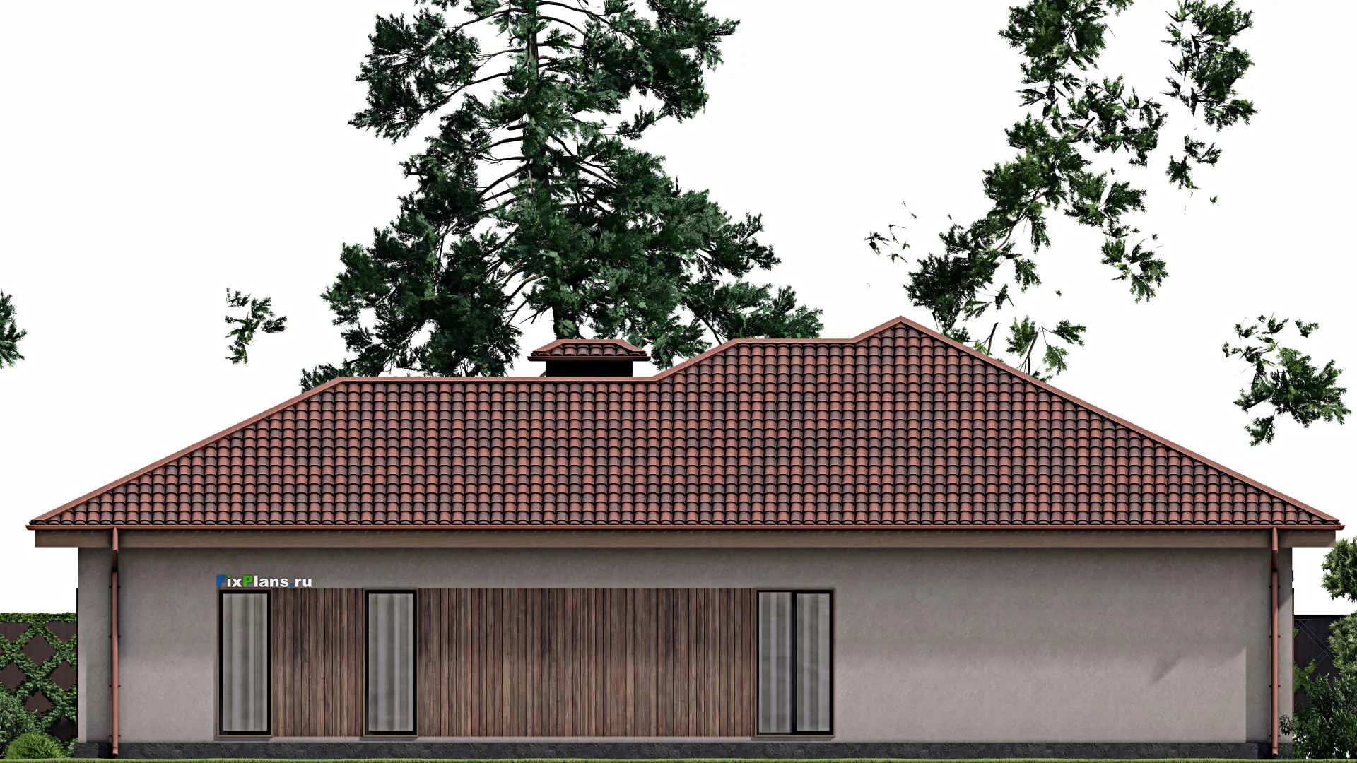 F-8261 - План одноэтажного дома 19 на 20, площадью 230 м² с террасой, гаражом на 2 машины и 3 спальнями