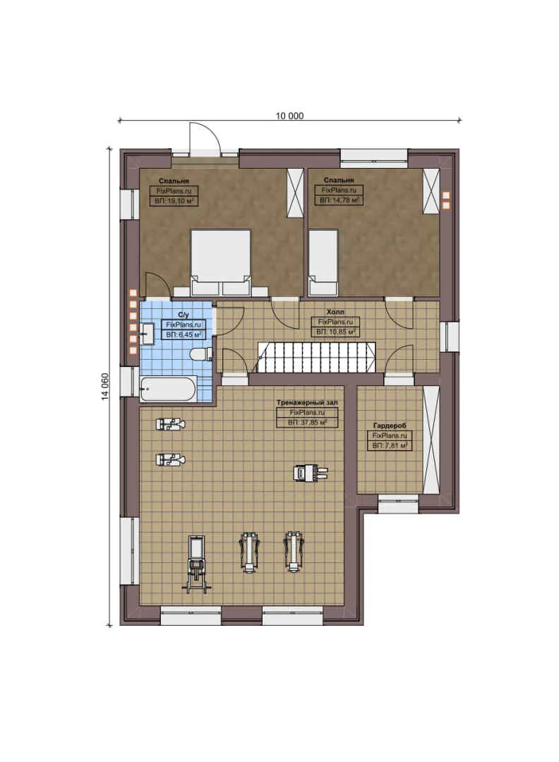 F-6758 - Планы двухэтажного дома 10 на 15, площадью 260 м² с гаражом на 2 машины и 2 спальнями