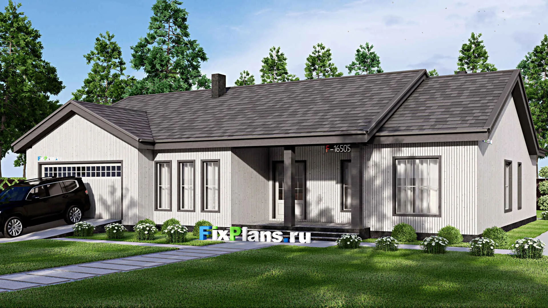 F-16505 - Проект одноэтажного дома 17 на 20, площадью 480 м² с террасой, гаражом на 2 машины и 3 спальнями