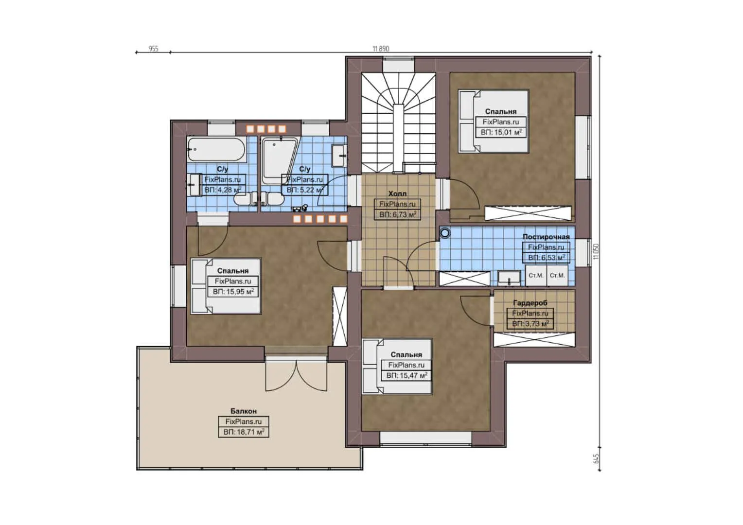 F-5075 - Планы двухэтажного дома 12 на 12, площадью 200 м² с террасой, балконом и 4 спальнями