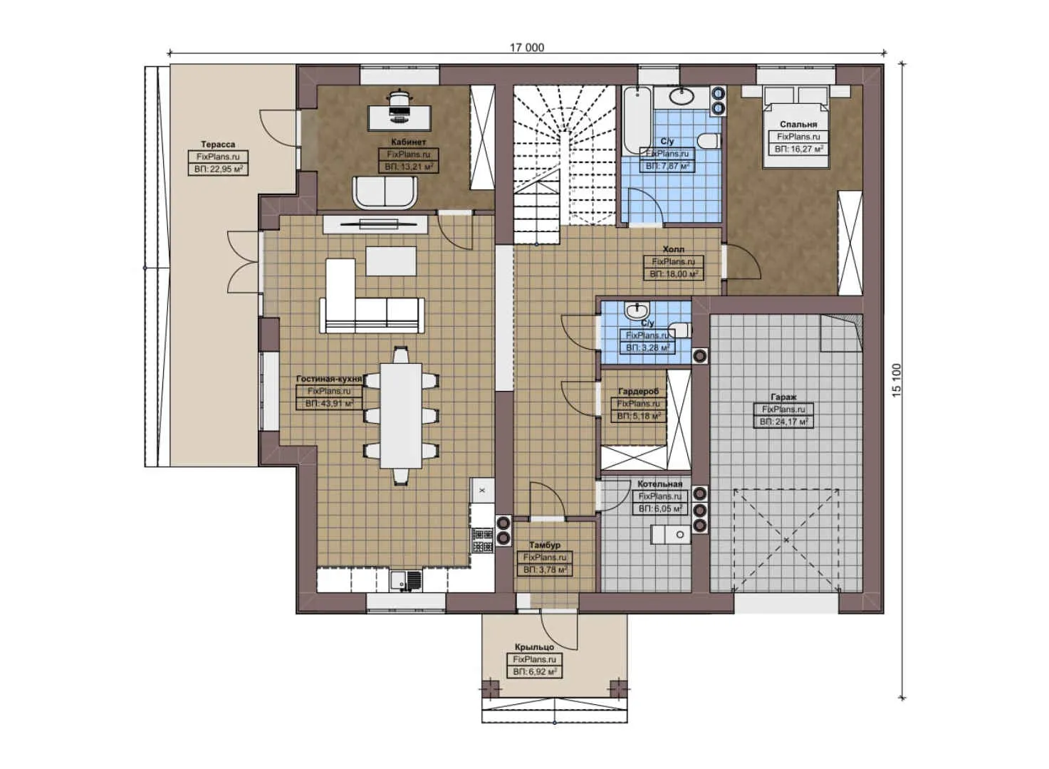 F-2537i - Планы двухэтажного дома 16 на 17, площадью 290 м² с террасой, гаражом на 1 машину и 5 спальнями
