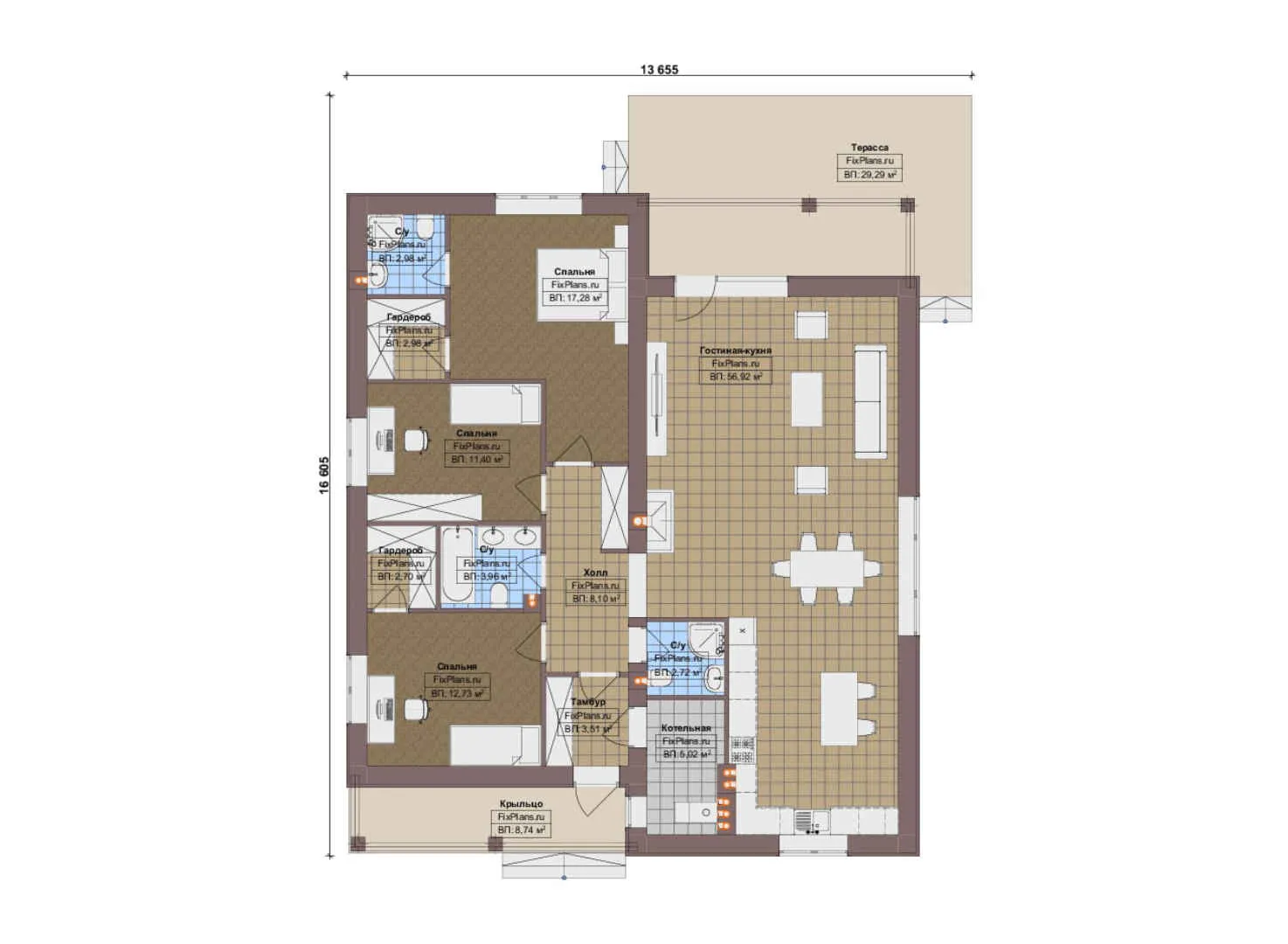 F-17639 - План одноэтажного дома 14 на 17, площадью 170 м² с террасой и 3 спальнями