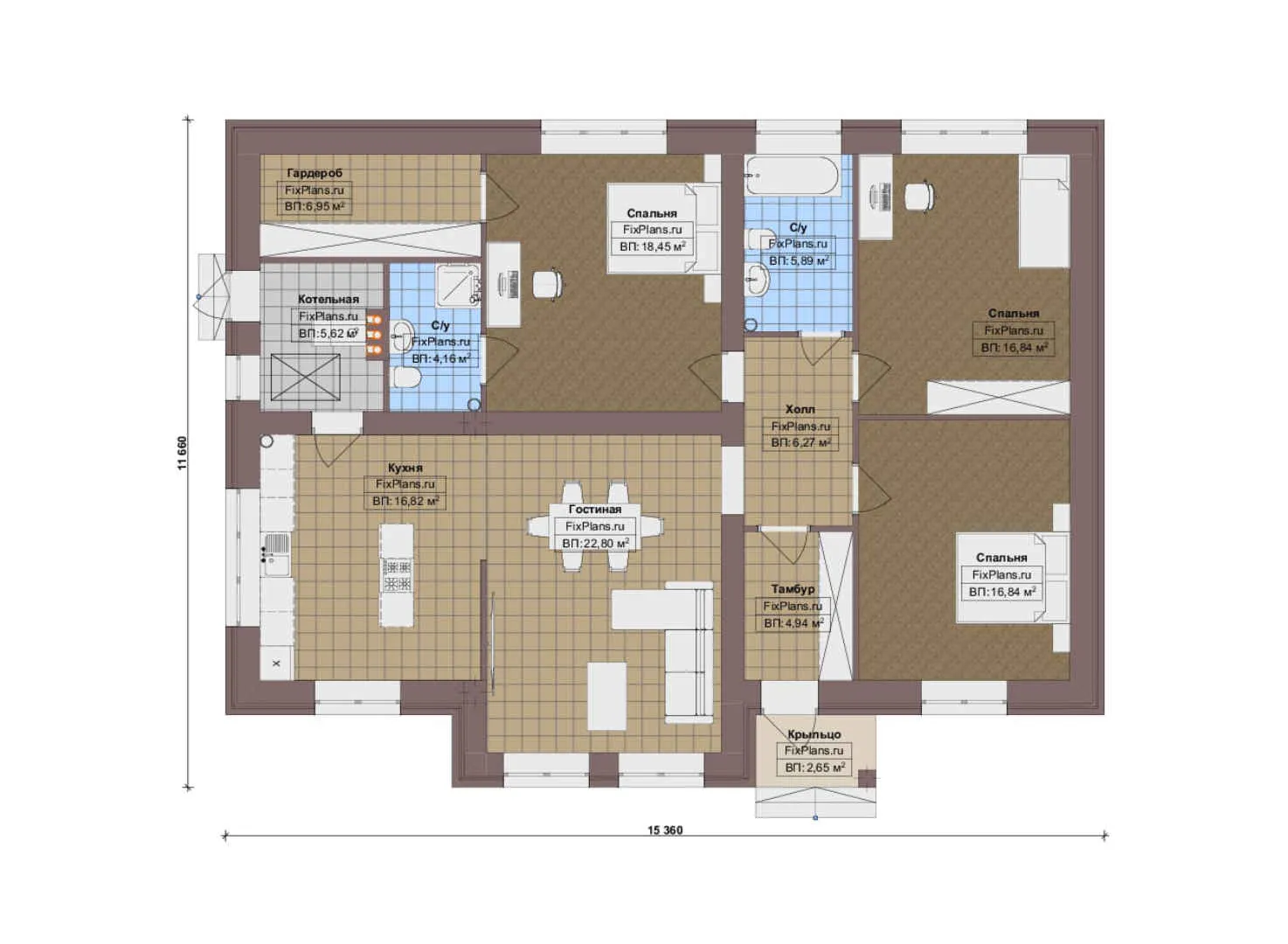 F-19079 - План одноэтажного дома 12 на 16, площадью 130 м² с 3 спальнями