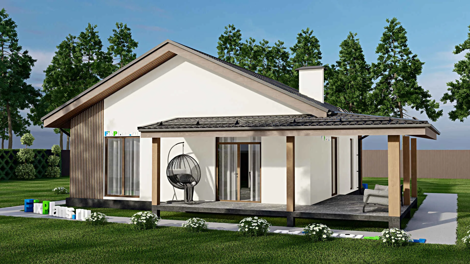 F-3860 - Проект одноэтажного дома 11 на 11, площадью 120 м² с террасой и 3 спальнями