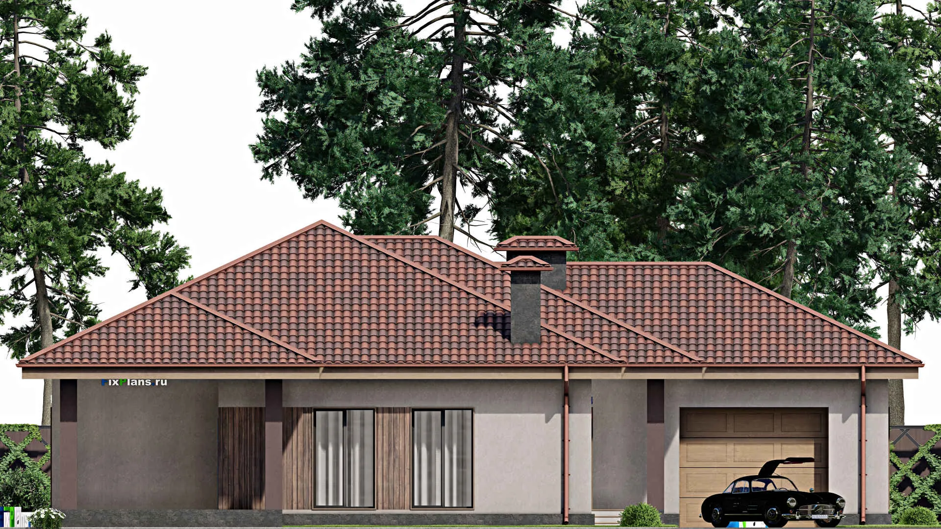 F-8261 - План одноэтажного дома 19 на 20, площадью 230 м² с террасой, гаражом на 2 машины и 3 спальнями