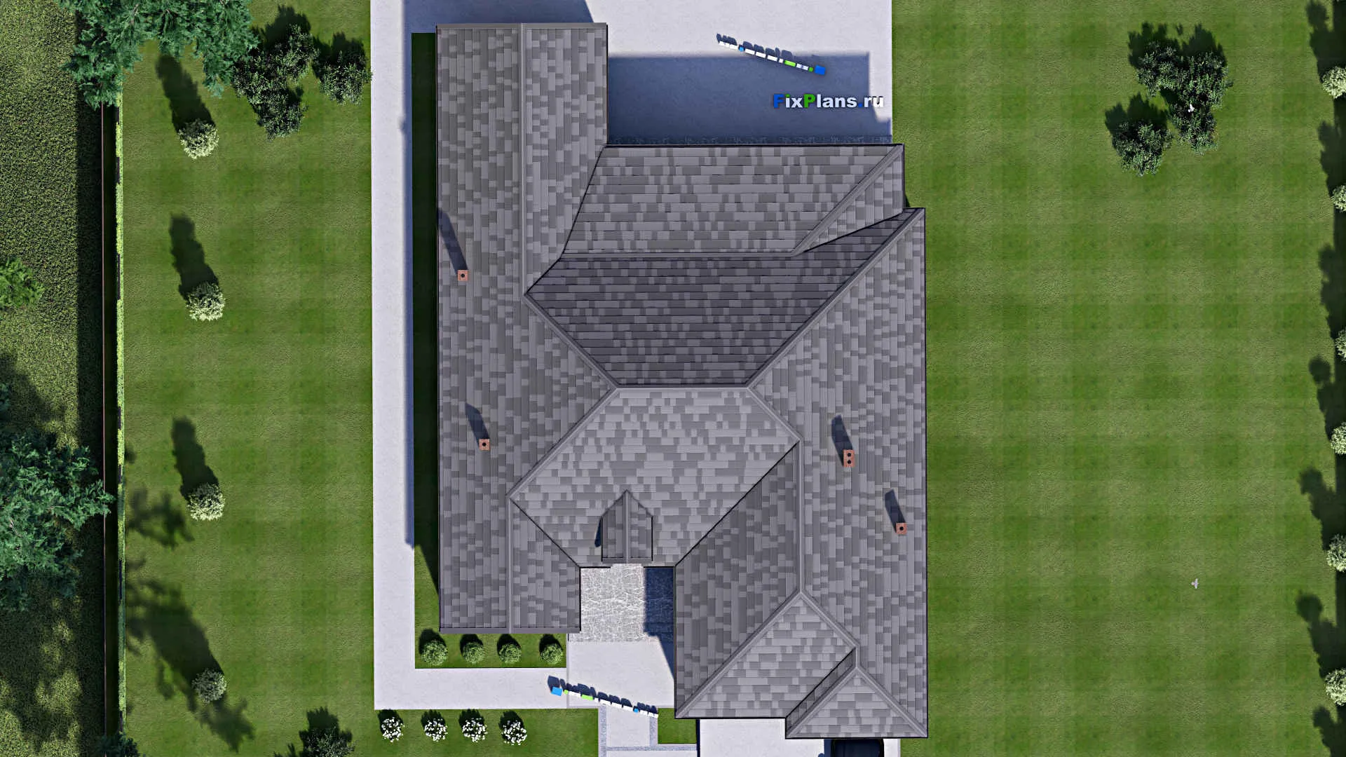 F-16766 - Проект одноэтажного дома 18 на 26, площадью 300 м² с террасой, гаражом на 2 машины и 3 спальнями