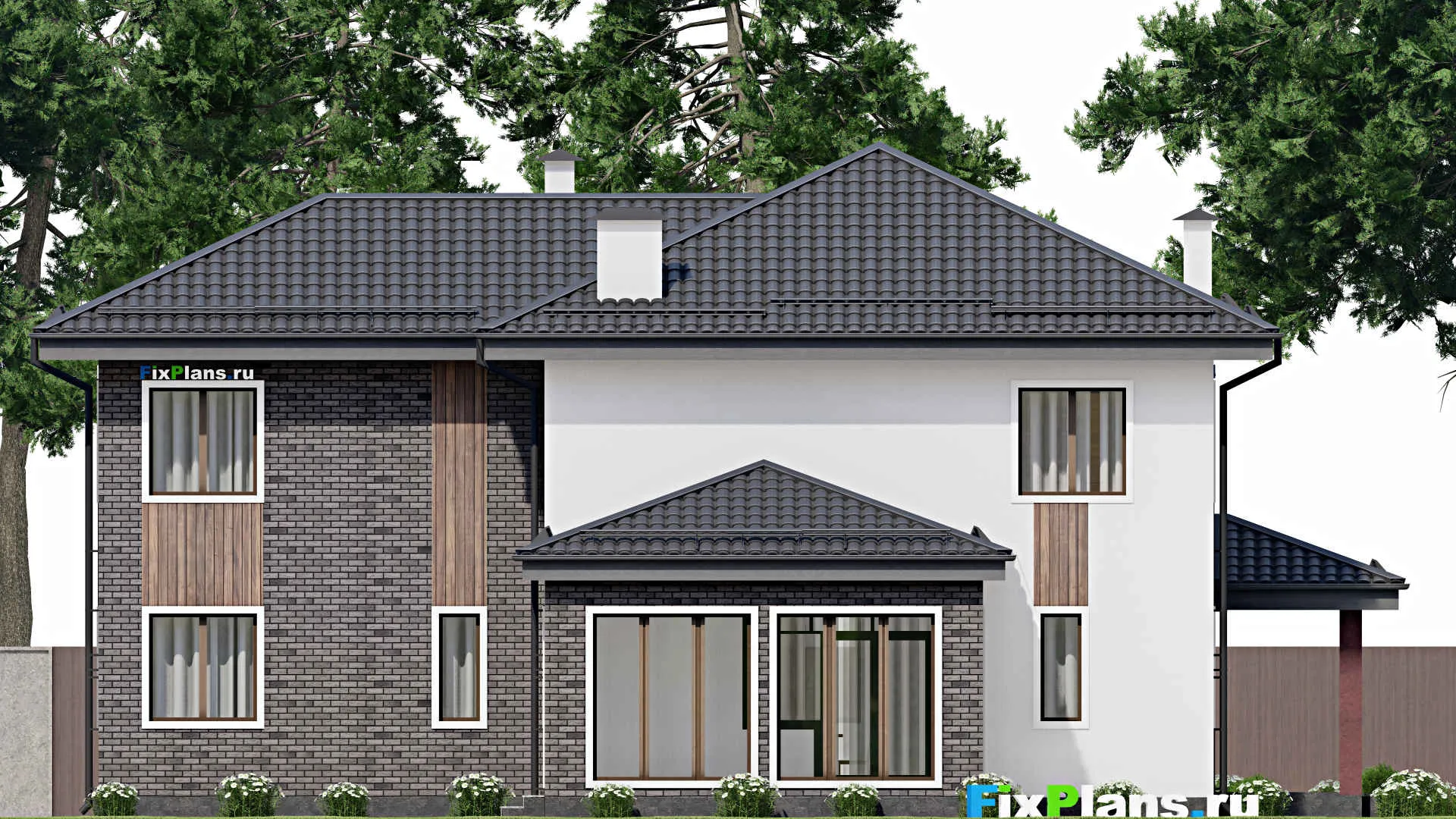 F-9449 - Планы двухэтажного дома 15 на 17, площадью 230 м² с террасой и 5 спальнями