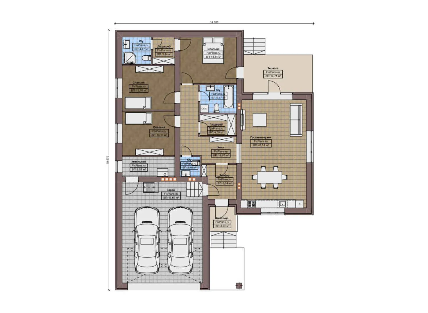 F-10214 - План одноэтажного дома 15 на 20, площадью 200 м² с террасой, гаражом на 2 машины и 3 спальнями