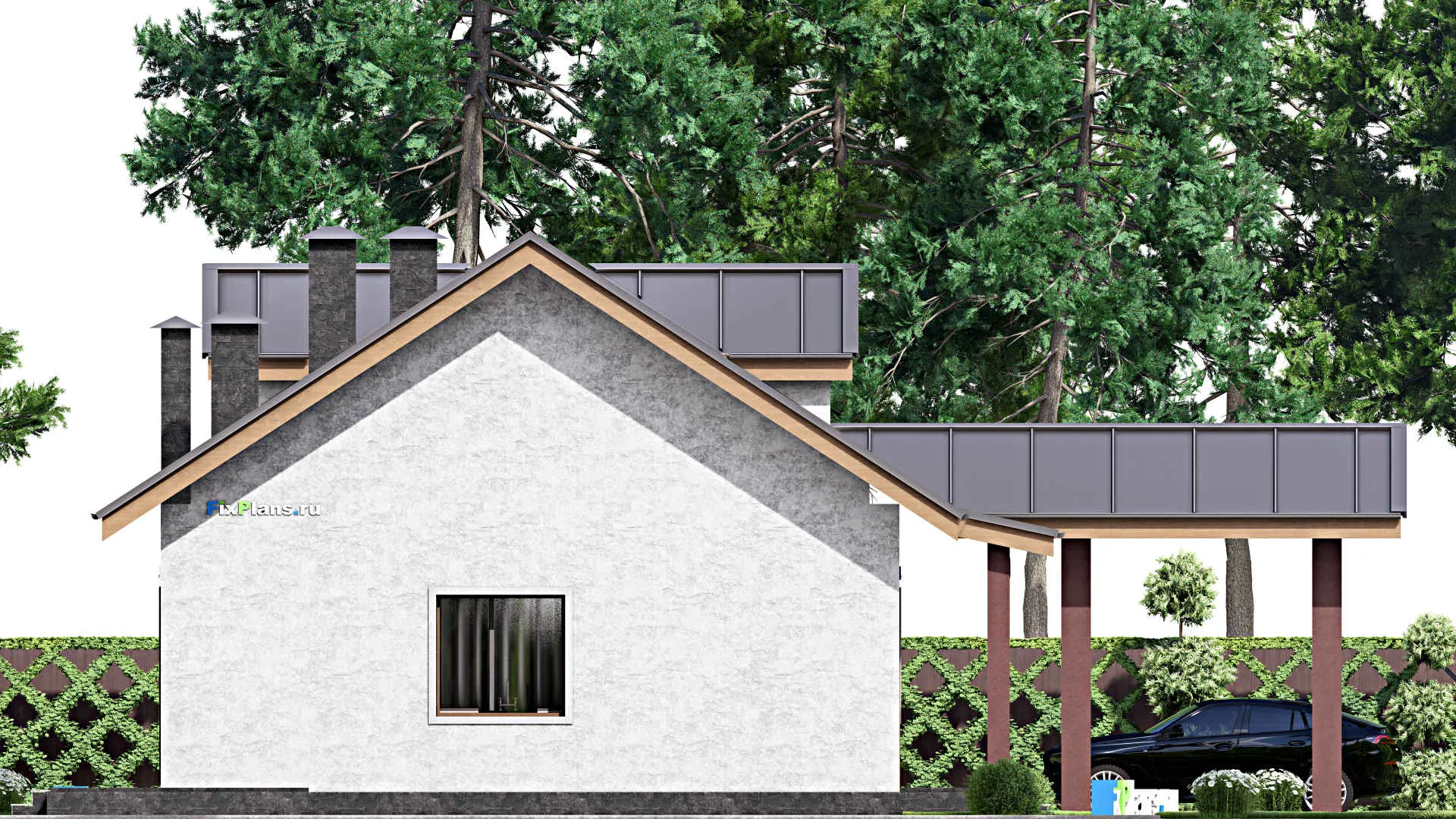 F-14336 - Проект одноэтажного дома 18 на 21, площадью 200 м² с террасой, баней, гаражом на 2 машины, бассейном и 2 спальнями