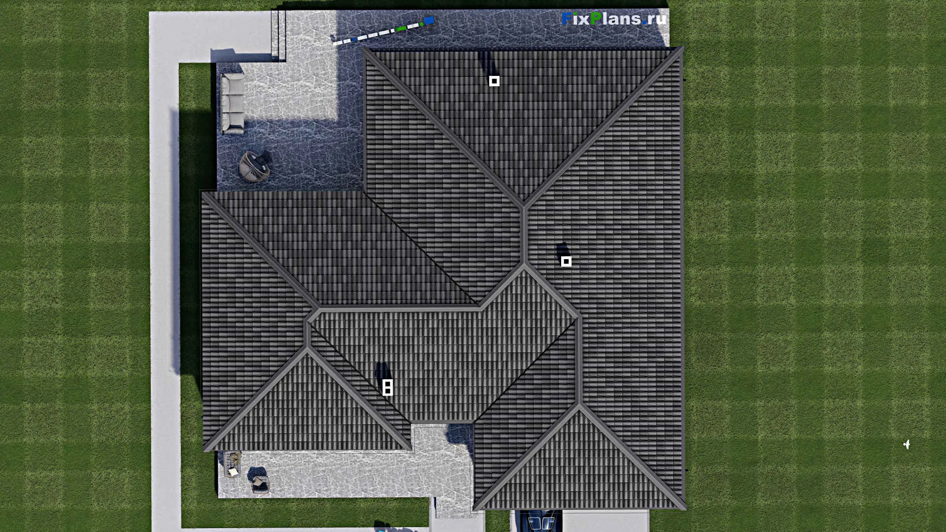 F-1853 - Проект одноэтажного дома 17 на 18, площадью 280 м² с террасой, гаражом на 2 машины и 3 спальнями