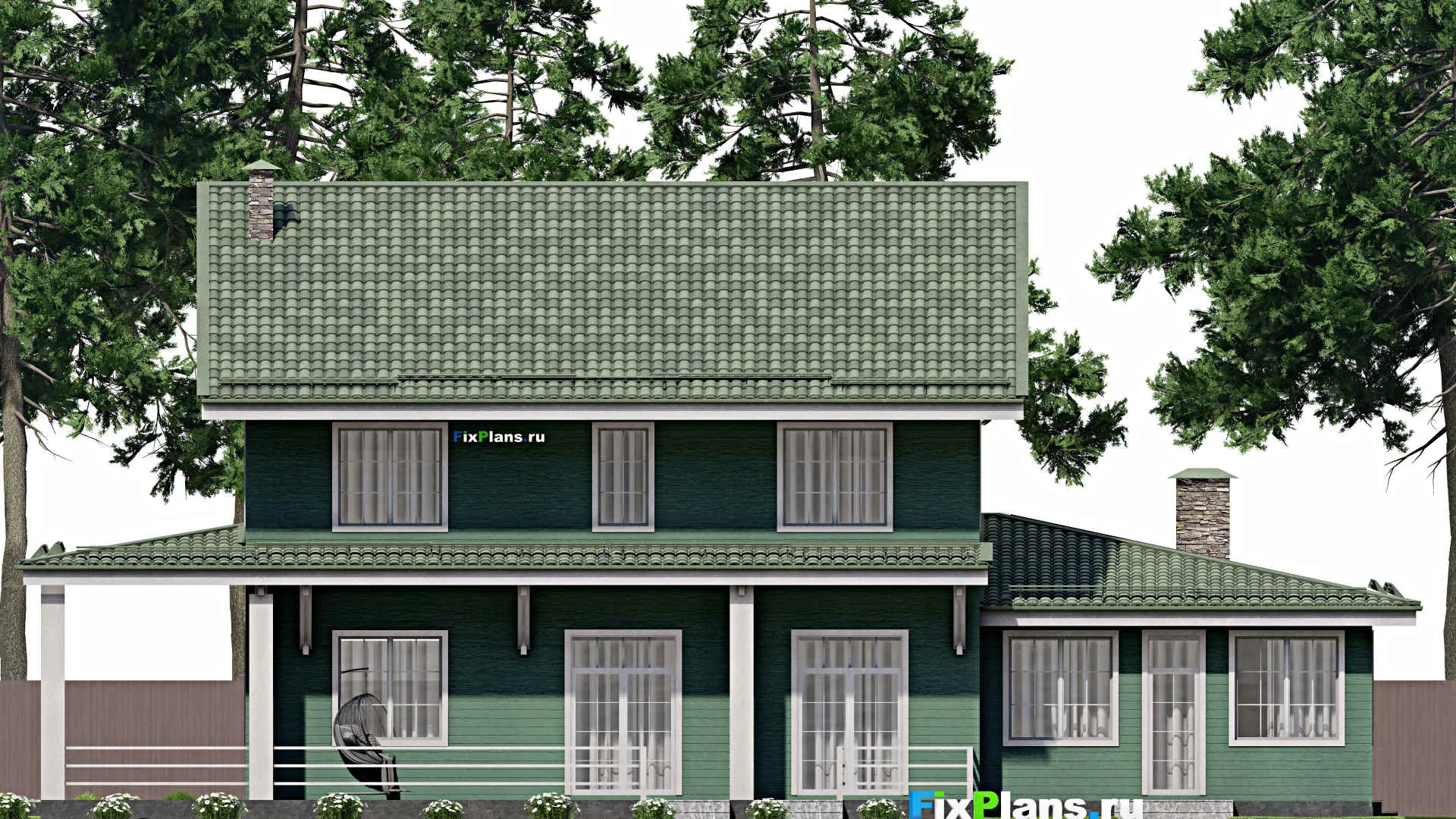 F-12158 - Проект дома с мансардой 19 на 23, площадью 400 м² с террасой, гаражом на 2 машины и 7 спальнями