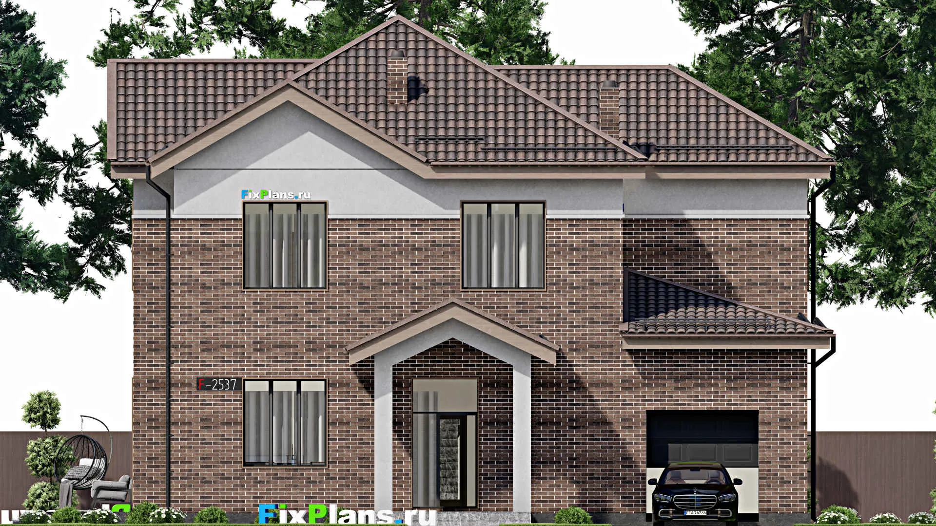 F-2537i - Планы двухэтажного дома 16 на 17, площадью 290 м² с террасой, гаражом на 1 машину и 5 спальнями