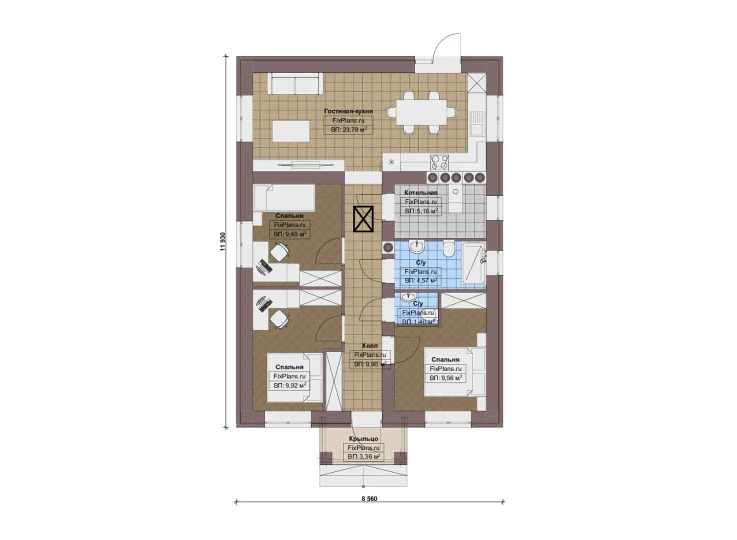 F-16874 - План одноэтажного дома 9 на 12, площадью 80 м² с 3 спальнями