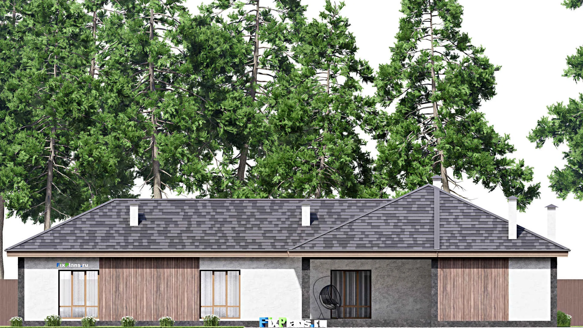 F-13742 - Проект одноэтажного дома 21 на 27, площадью 310 м² с террасой и 3 спальнями