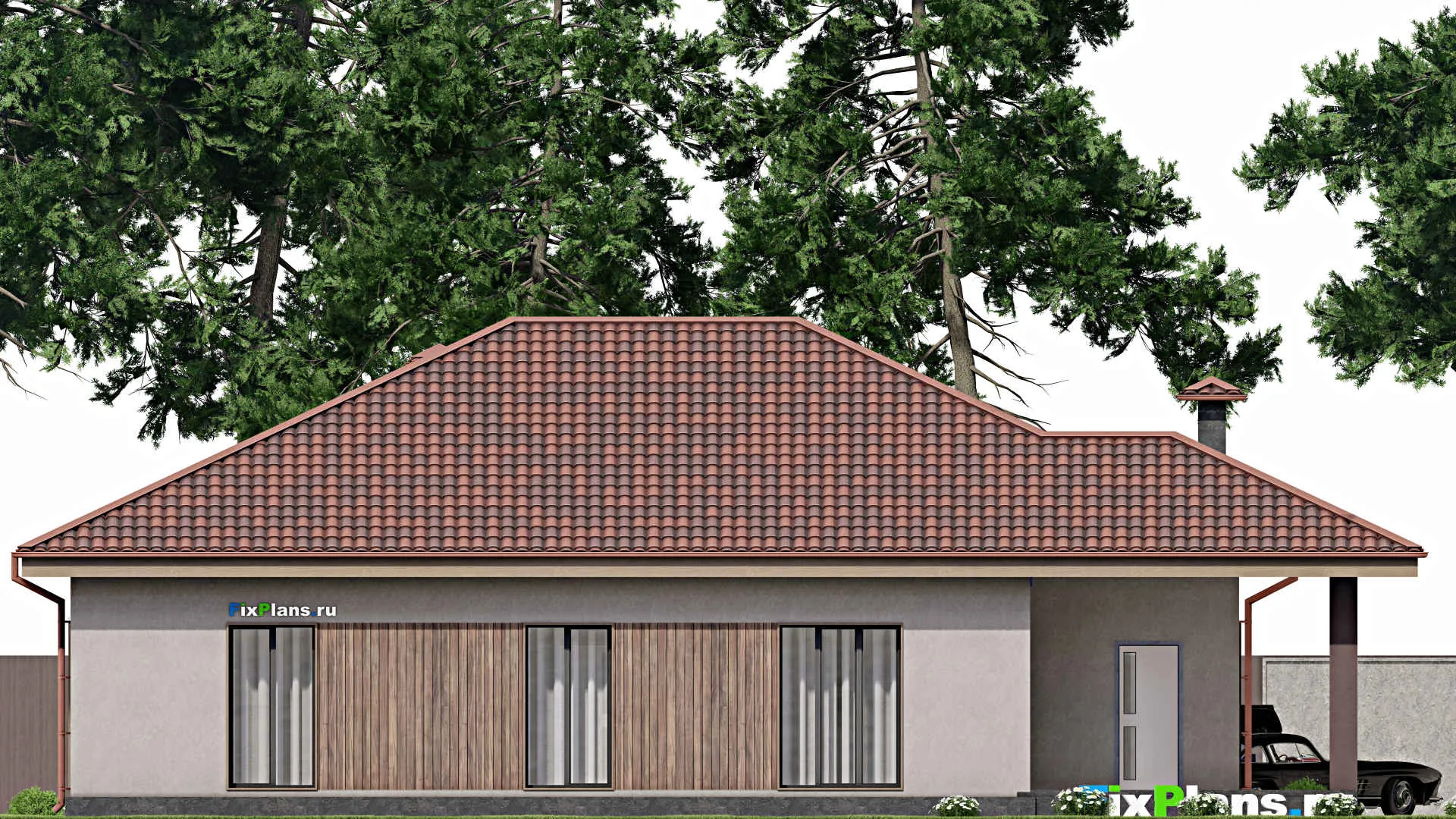 F-8261 - План одноэтажного дома 19 на 20, площадью 230 м² с террасой, гаражом на 2 машины и 3 спальнями