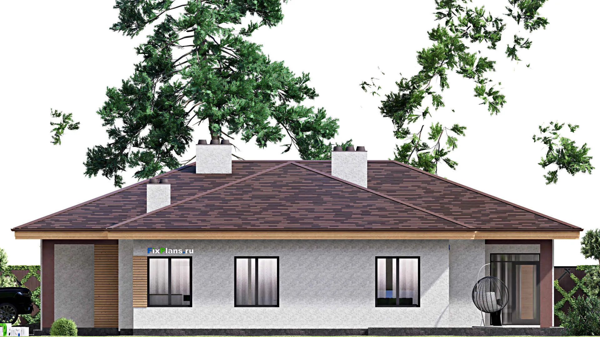 F-15902 - Проект одноэтажного дома 19 на 19, площадью 250 м² с террасой, гаражом на 1 машину и 3 спальнями