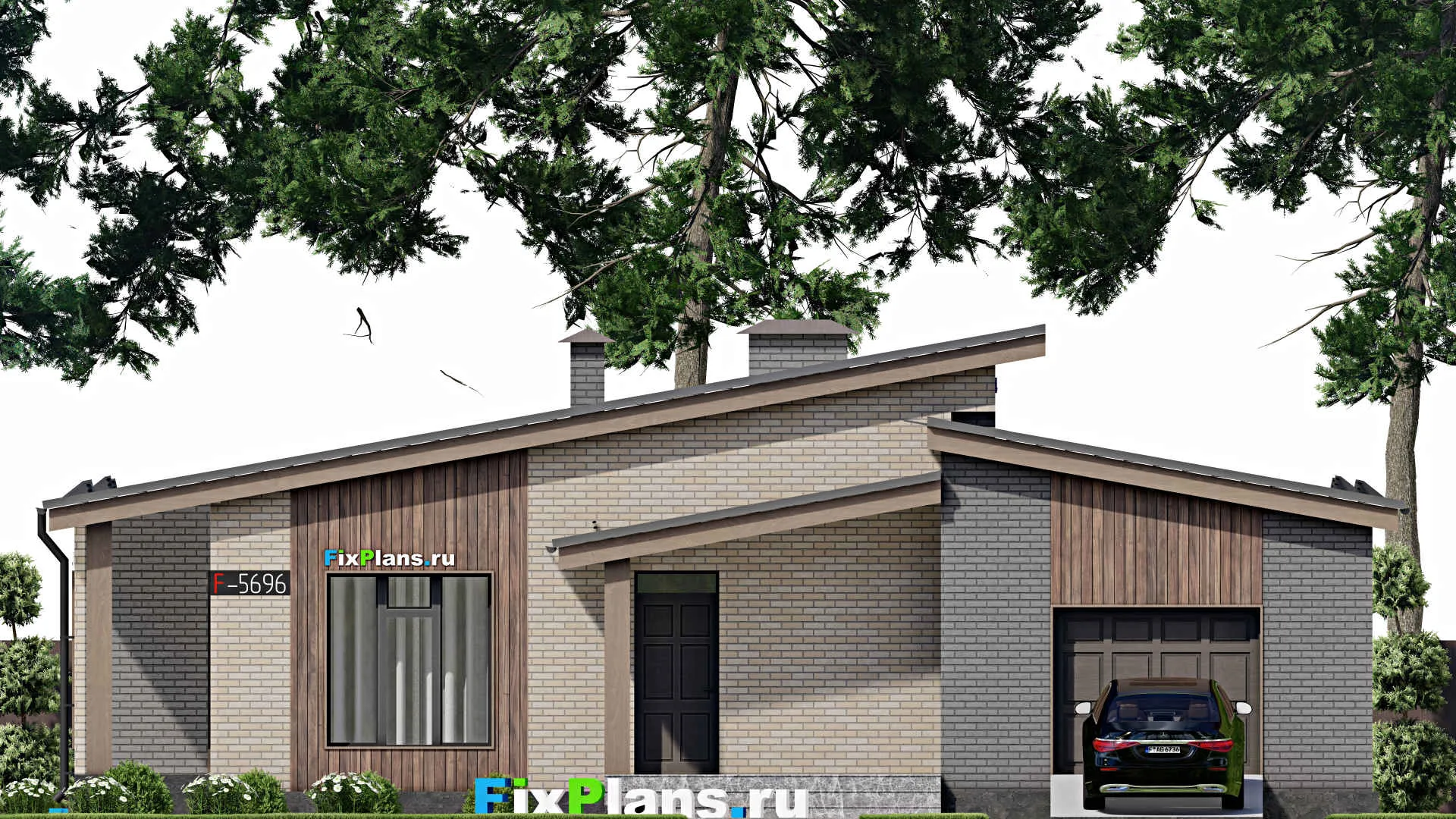 F-5696 - Проект одноэтажного дома 16 на 18, площадью 210 м² с террасой, гаражом на 1 машину и 3 спальнями